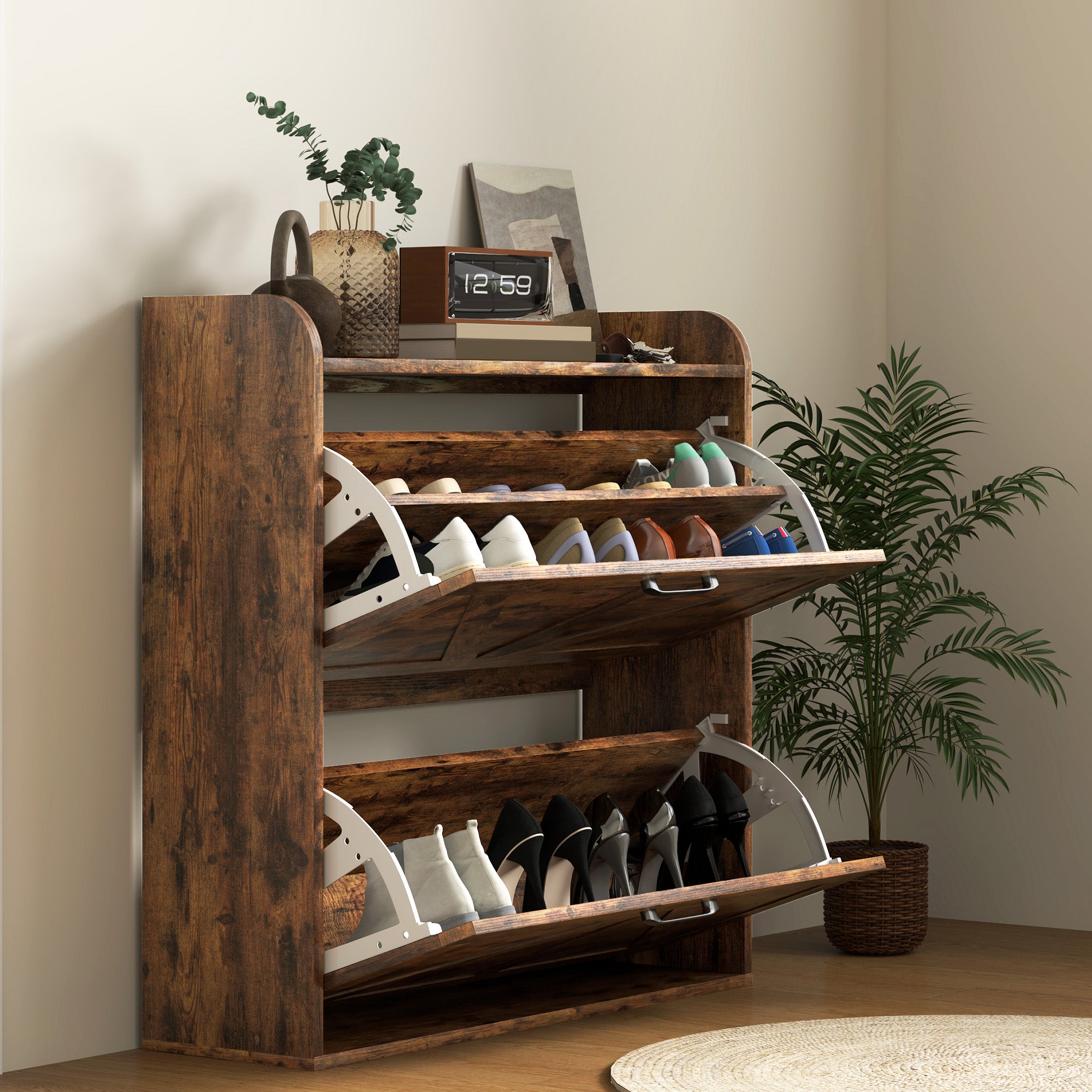Narrow Shoe Storage Cabinet, Farmhouse Slim Shoe Cabinet with 2 Flip Drawers, Adjustable Shelves, Rustic Brown Shoe Storage Cabinets & Racks at Gallery Canada