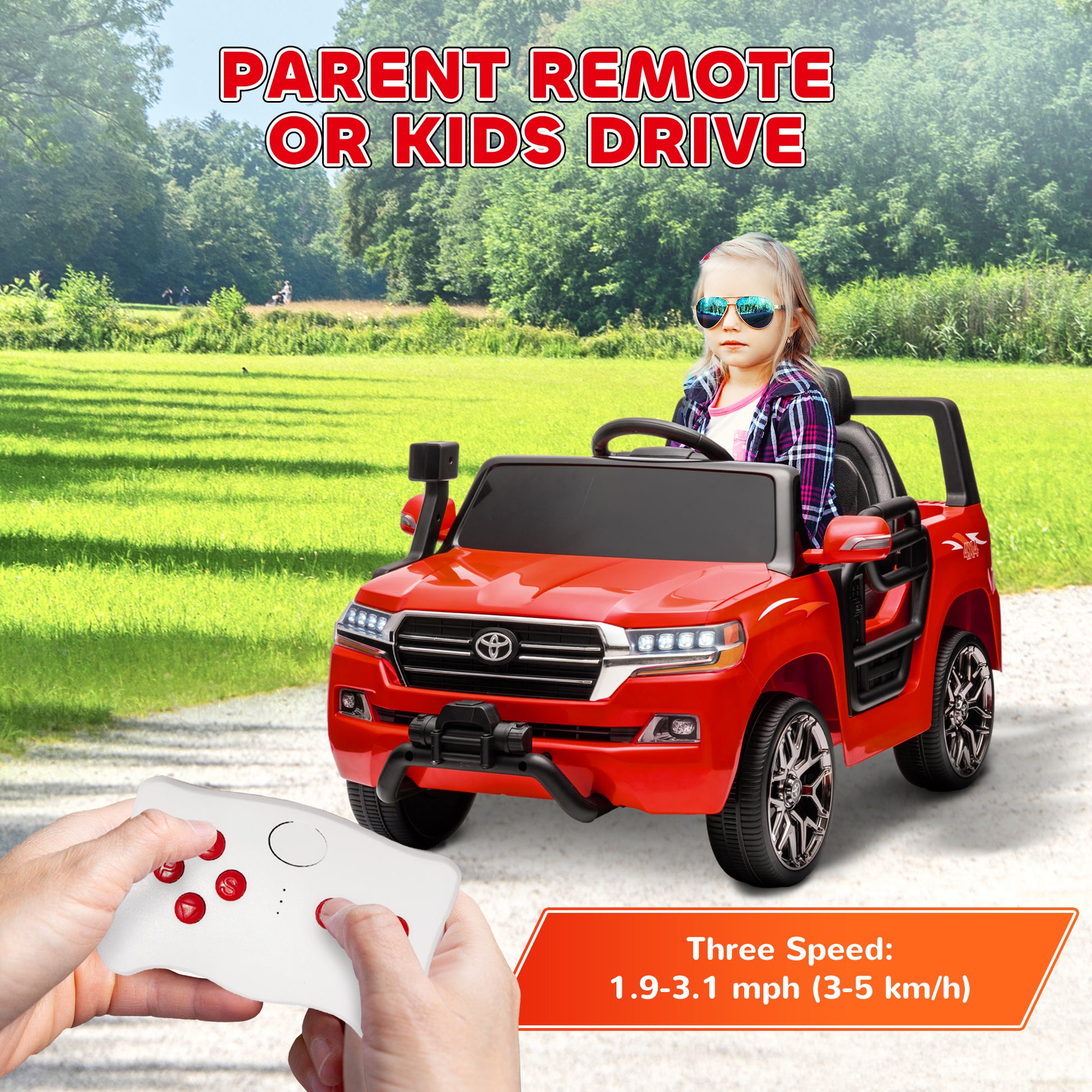 12V Toyota LAND CRUISER Licensed Kids Car w/ Remote Control, Four Wheel Spring Suspension, Soft Start, LED Light, Red Electric Toy Cars   at Gallery Canada