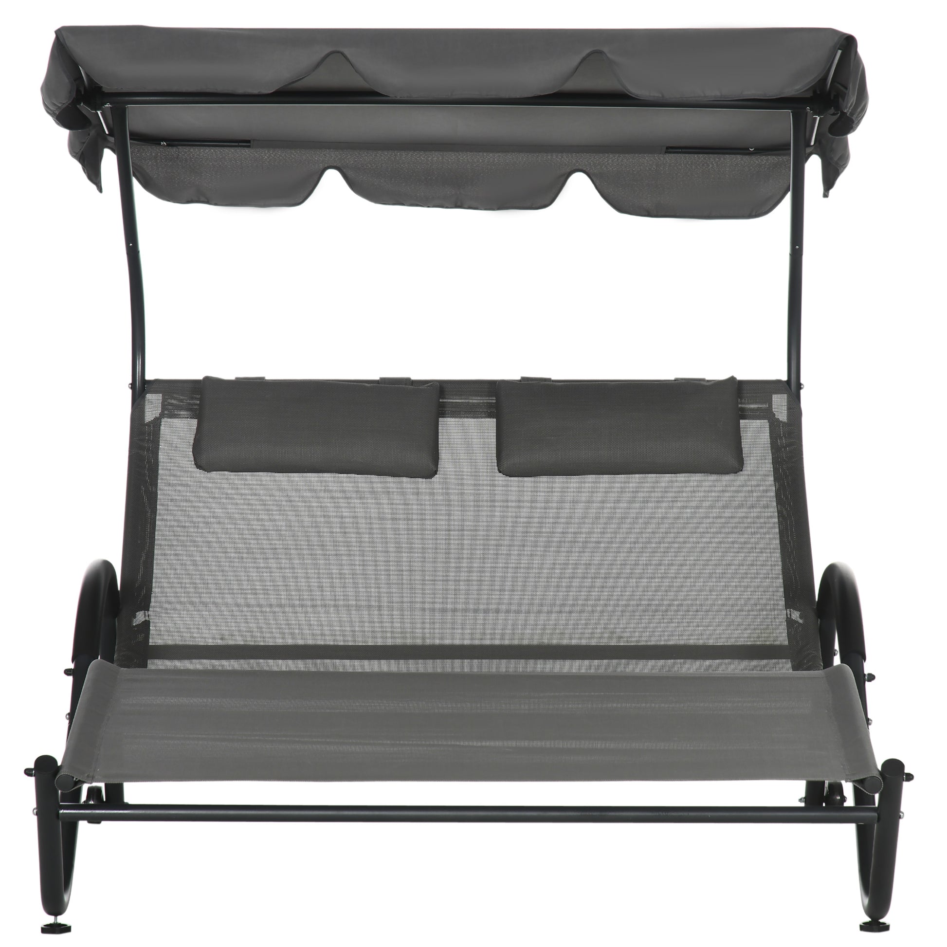 Outdoor Patio Chaise Lounge Chair, Patio Sun Lounger w/ Sunshade Roof, for Two People with Wheels and Breathable Sling Mesh Bed, Pillows, Dark Gray Daybeds   at Gallery Canada