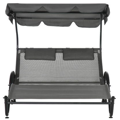 Outdoor Patio Chaise Lounge Chair, Patio Sun Lounger w/ Sunshade Roof, for Two People with Wheels and Breathable Sling Mesh Bed, Pillows, Dark Gray Daybeds   at Gallery Canada