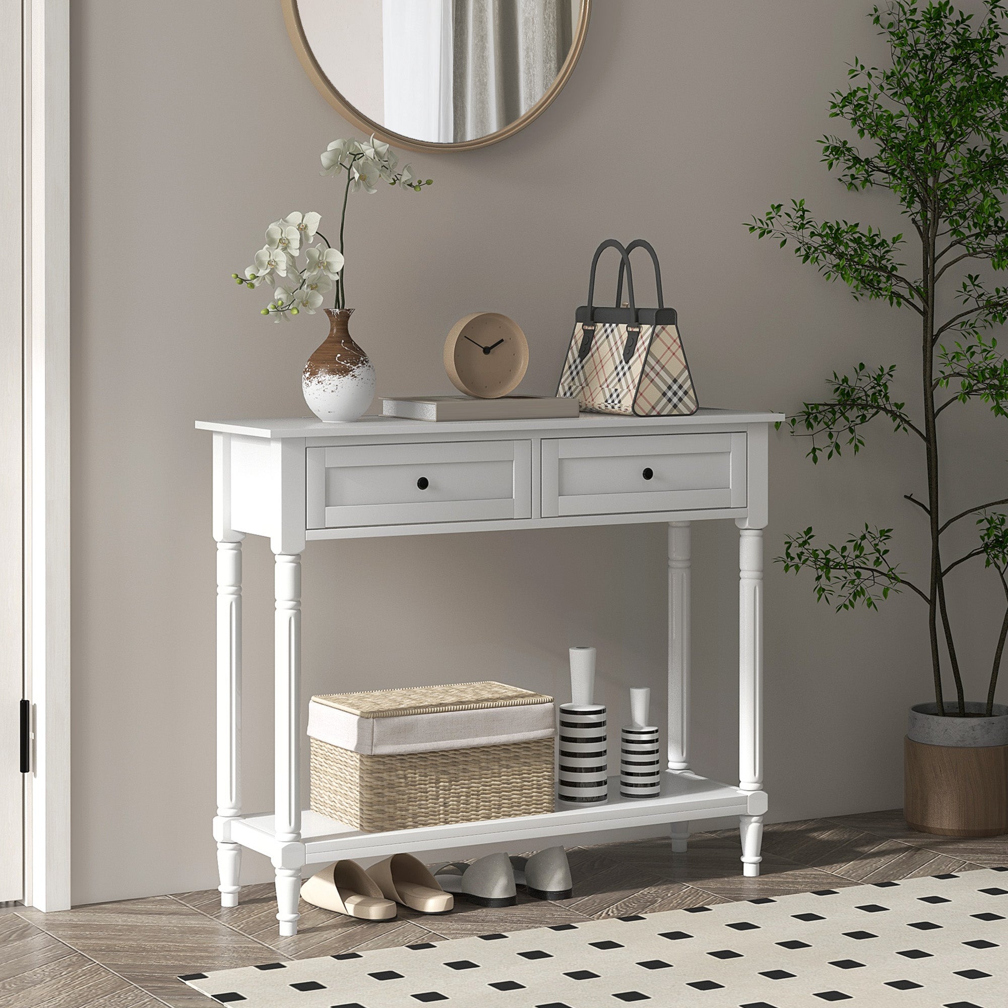 Hallway Console Table, Modern Entryway Table with 2 Drawers, Storage Shelf, Turned Legs for Living Room, Bedroom, White Console Tables at Gallery Canada