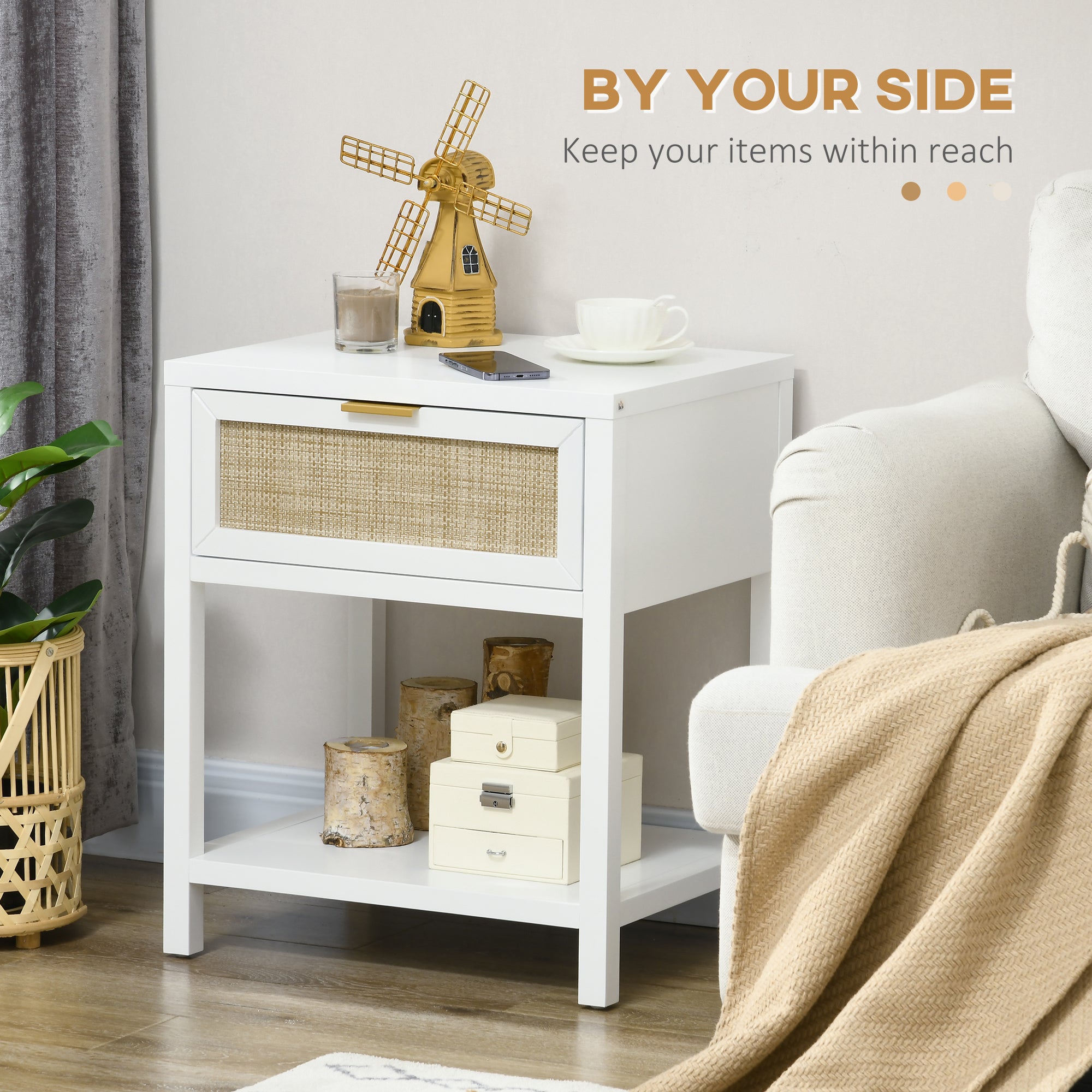Boho Nightstand, Bedside Table with Rattan Drawer and Open Shelf, Side End Table for Bedroom, Living Room Bedside Tables at Gallery Canada