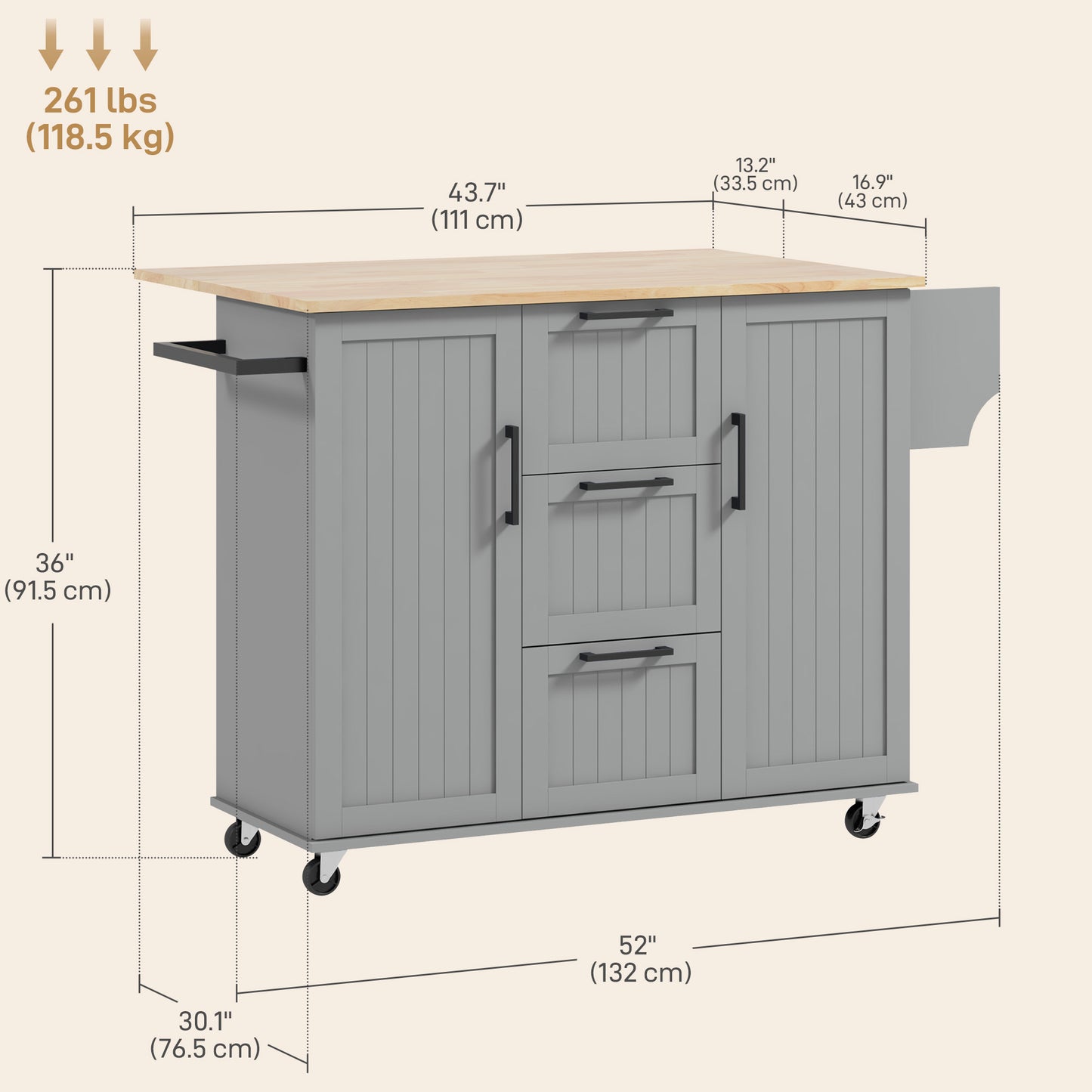 Rolling Kitchen Cart on Wheels with Drop Leaf, Kitchen Island with 3 Drawers, Solid Wood Top and Towel Rack, Grey Kitchen Islands & Kitchen Carts   at Gallery Canada