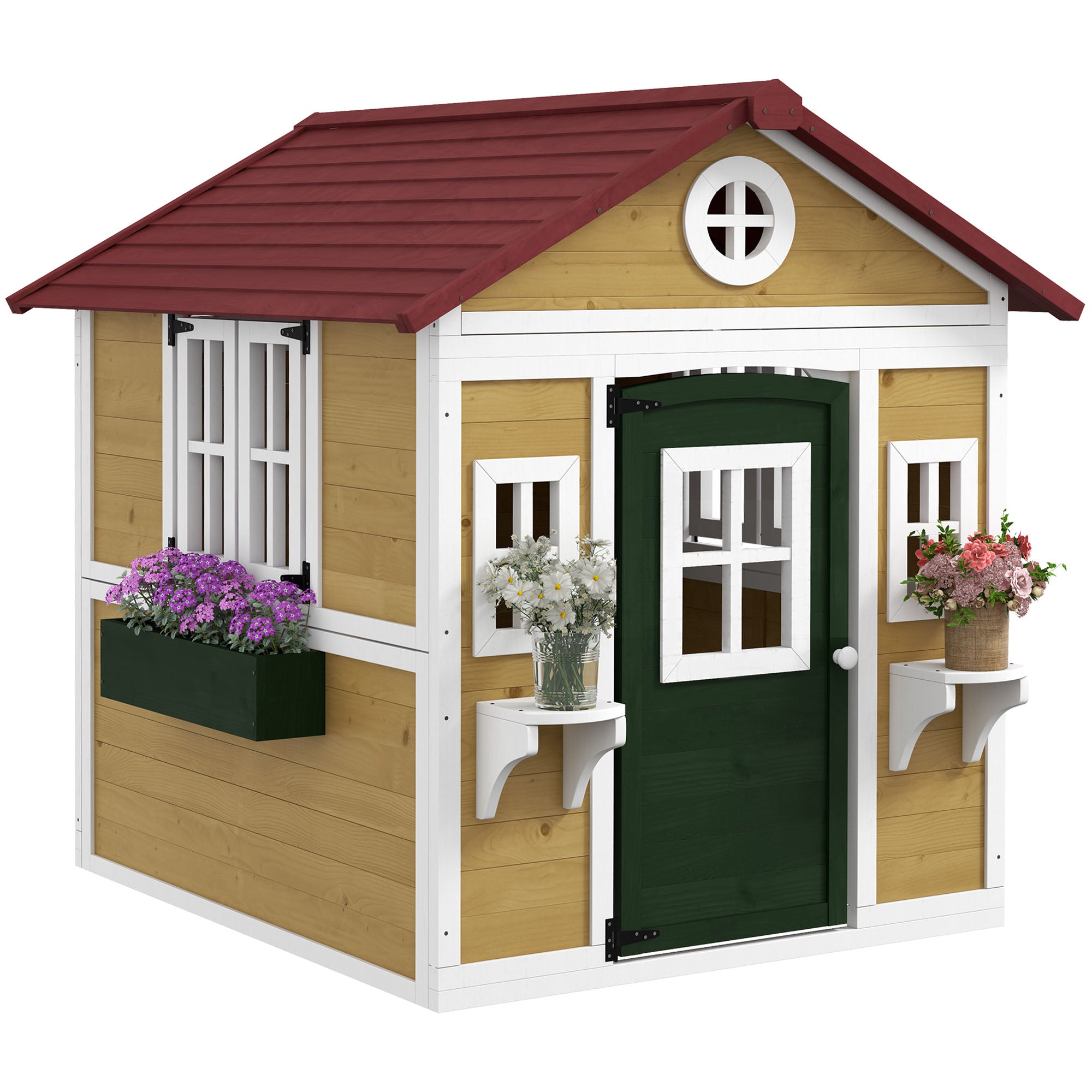 Wooden Playhouse for Kids Outdoor with Door, Windows, Planter Pots and Boxes for Toddlers 3-8 Years, Beige Play Houses at Gallery Canada