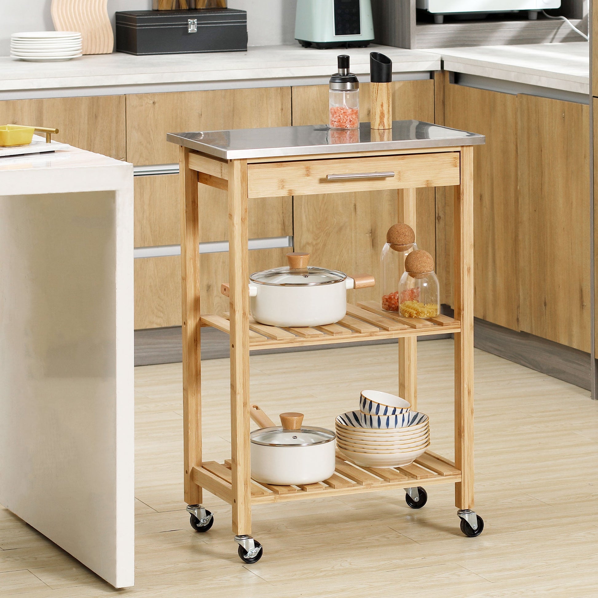 Bamboo Kitchen Cart, Kitchen Island with Stainless Steel Top, Drawer and Slatted Shelves for Dining Room, Natural Kitchen Islands & Kitchen Carts   at Gallery Canada