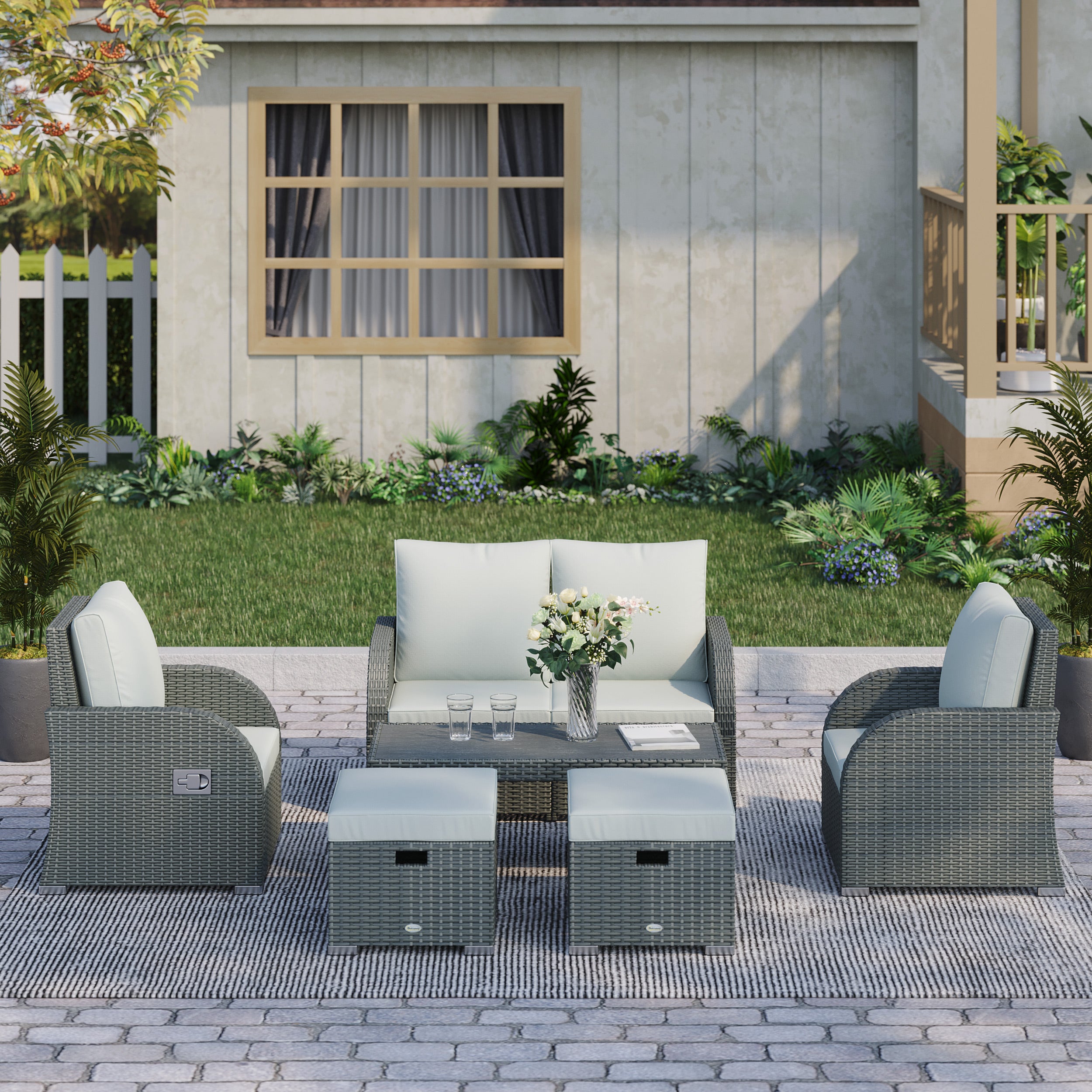 6 PCS Outdoor Rattan Wicker Sofa Set Patio All Weather Furniture w/ Tea Table &; Cushion for Backyard Garden Grey Patio Furniture Sets at Gallery Canada