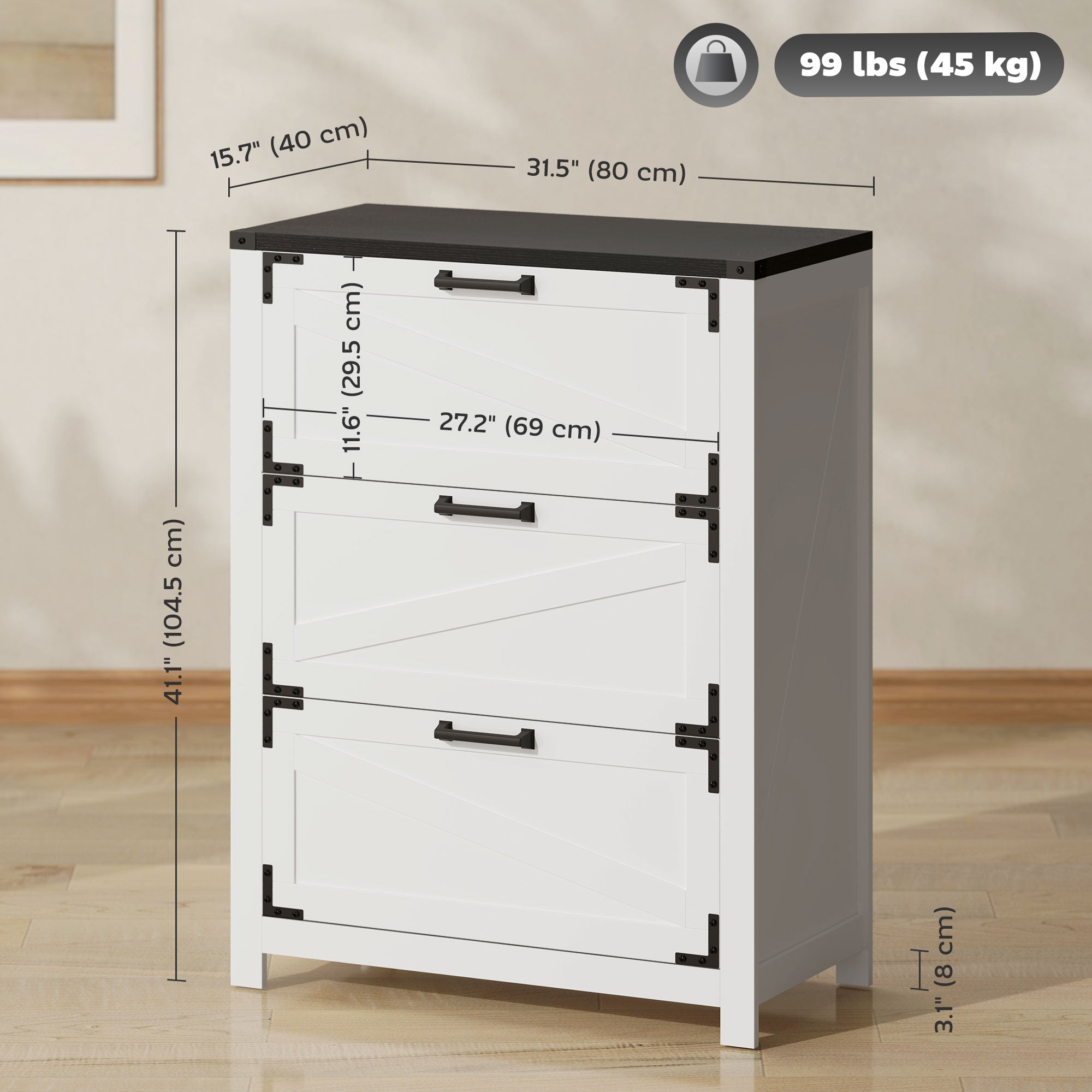 3 Drawer Filing Cabinet, Farmhouse Office Storage Cabinet with Adjustable Hanging Bars for Letter, A4, Legal Size, White Office Cabinets & Cupboards at Gallery Canada