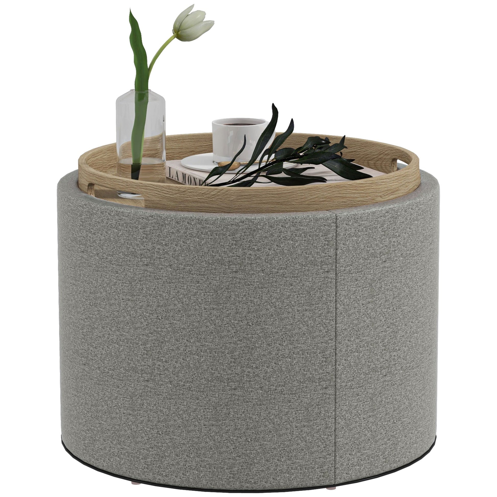 Round Coffee Table, End Table with Hidden Storage and Tray Top, Linen Upholstered Footrest for Living Room Coffee Tables Grey  at Gallery Canada