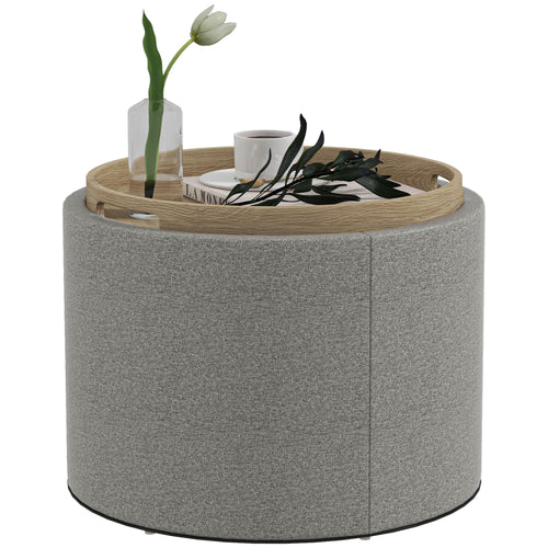 Round Coffee Table, End Table with Hidden Storage and Tray Top, Linen Upholstered Footrest for Living Room