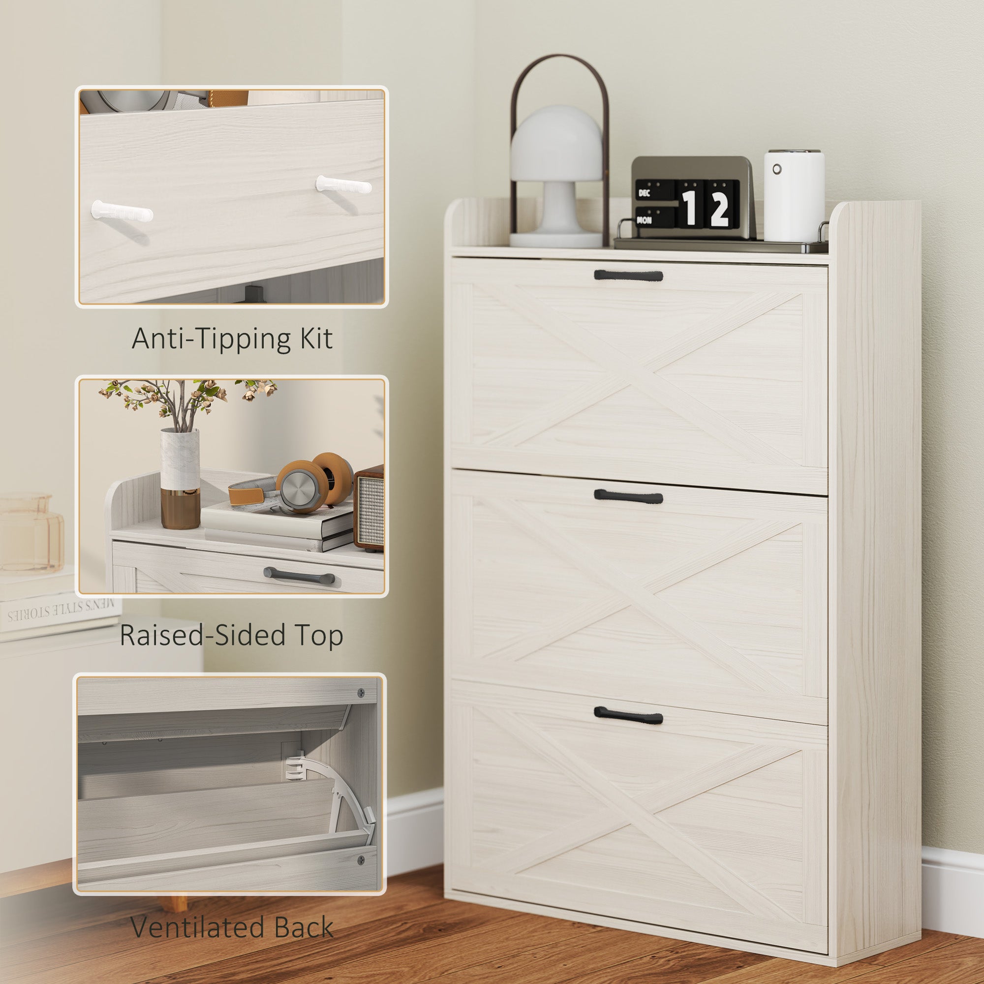 Narrow Shoe Storage Cabinet Farmhouse Shoe Cabinet with 3 Flip Drawers Adjustable Shelves for Entryway White Oak Shoe Storage Cabinets & Racks at Gallery Canada