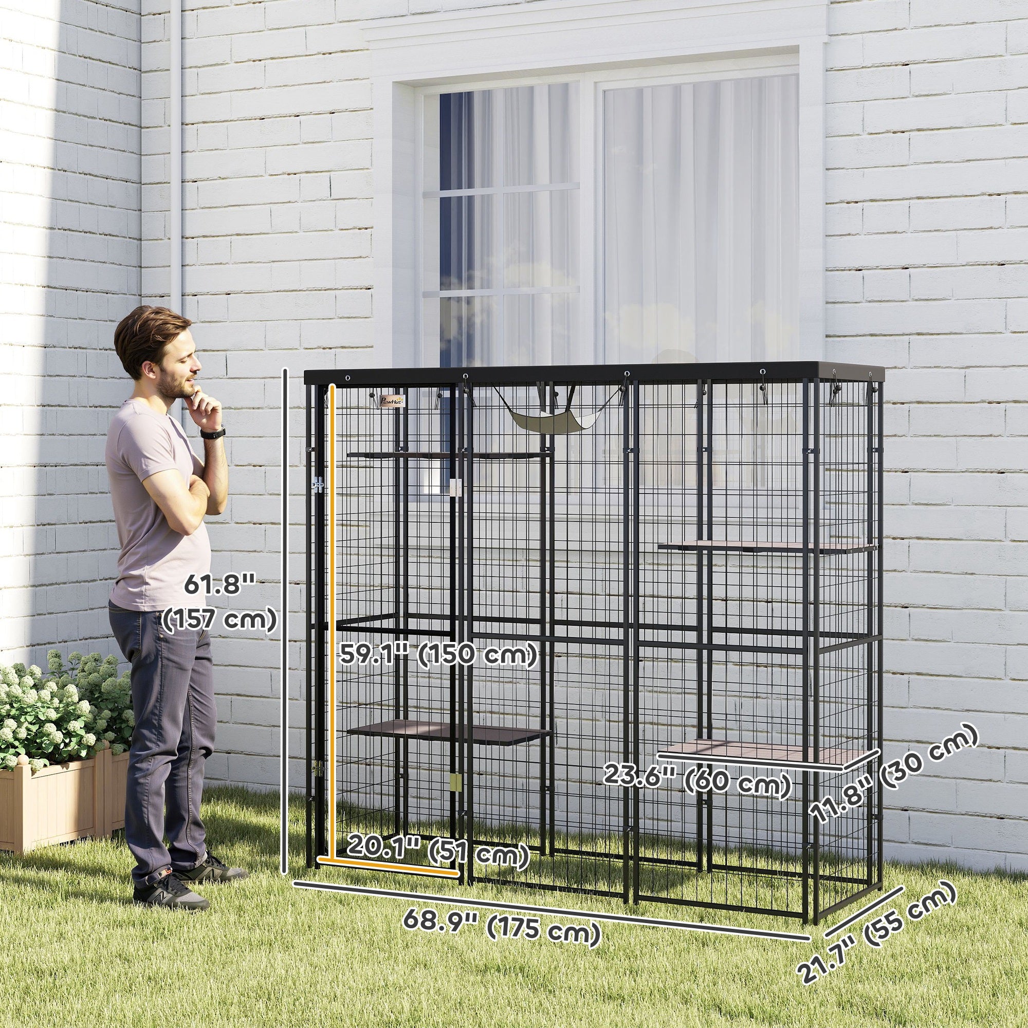 Weld Wire Catio Outdoor Indoor with Waterproof Cover, 4 Jumping Platforms, Hammock, 69