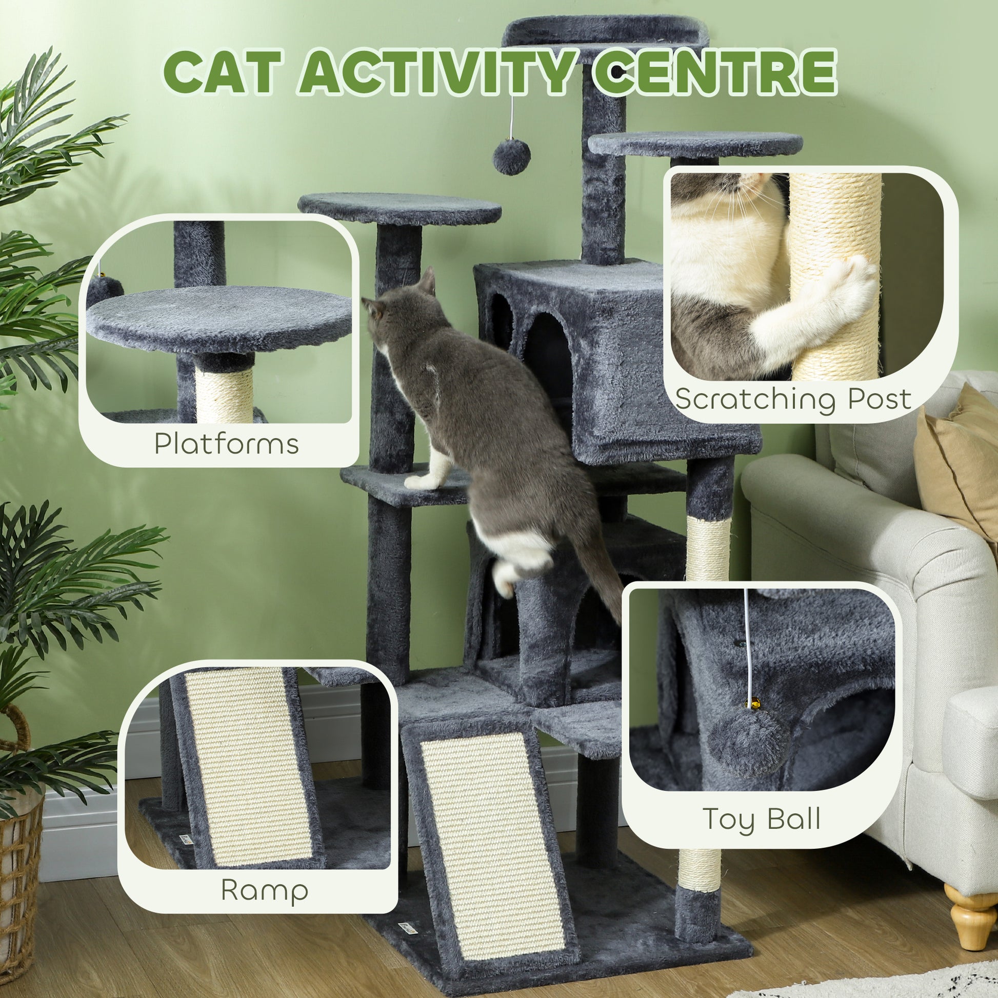 54" Cat Tree, Multi-Level Cat Tower with Scratching Posts, Cat Condos, Bed, Platforms, Ramp, Toy Ball, Dark Grey Cat Towers   at Gallery Canada