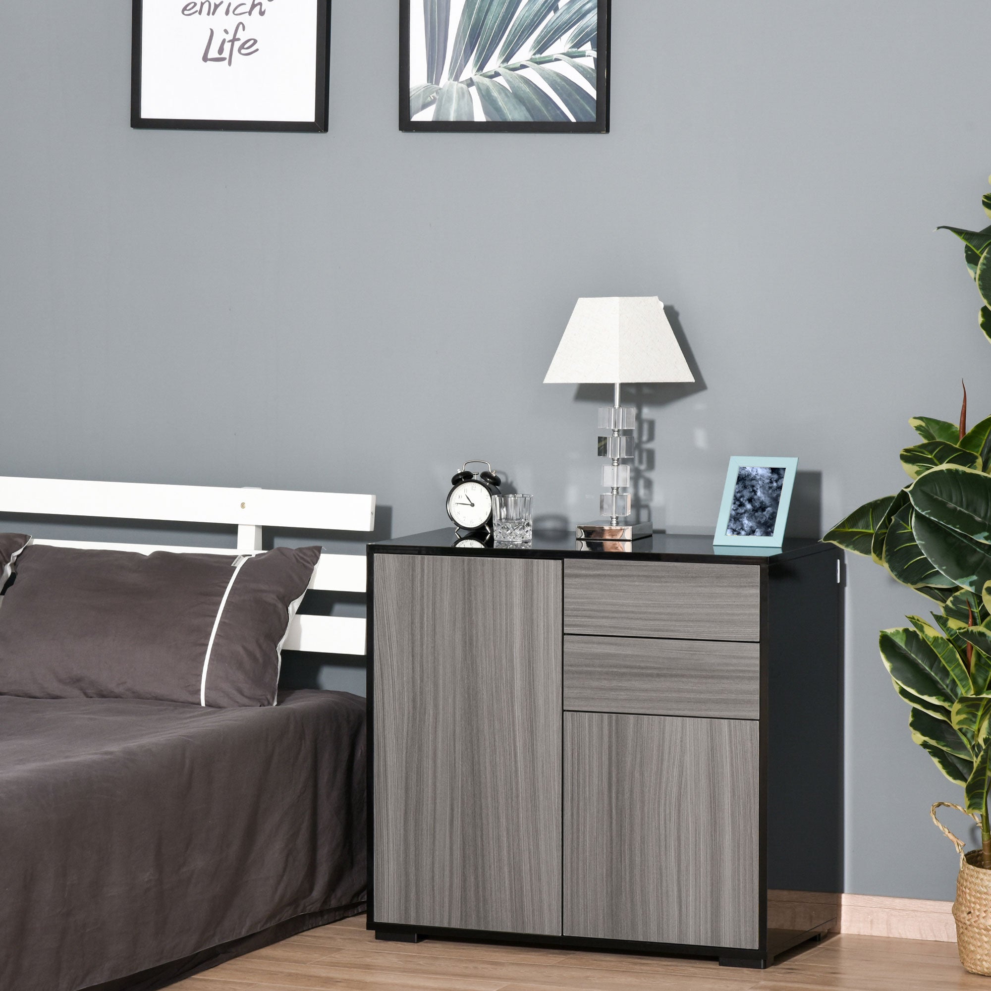 High Gloss Buffet Sideboard with 2 Drawers, 2 Doors and Adjustable Shelf, Kitchen Storage Cabinet with Push Open Design, Grey and Black Bar Cabinets at Gallery Canada