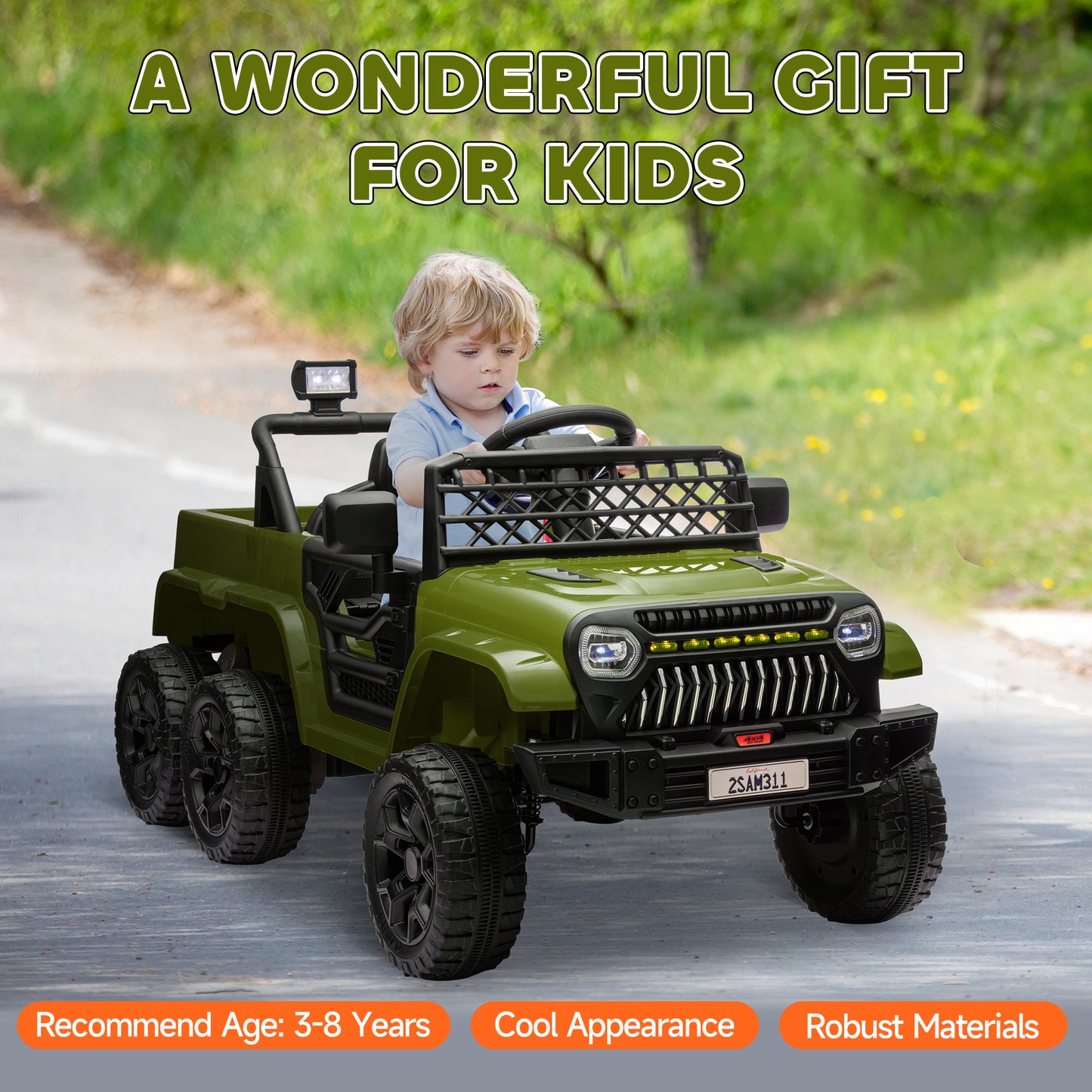 12V 4WD/2WD Kids Electric Car w/ Remote Control, Spring Suspension, Back Trailer, Light, Music, Soft Start, Dark Green Electric Toy Cars   at Gallery Canada