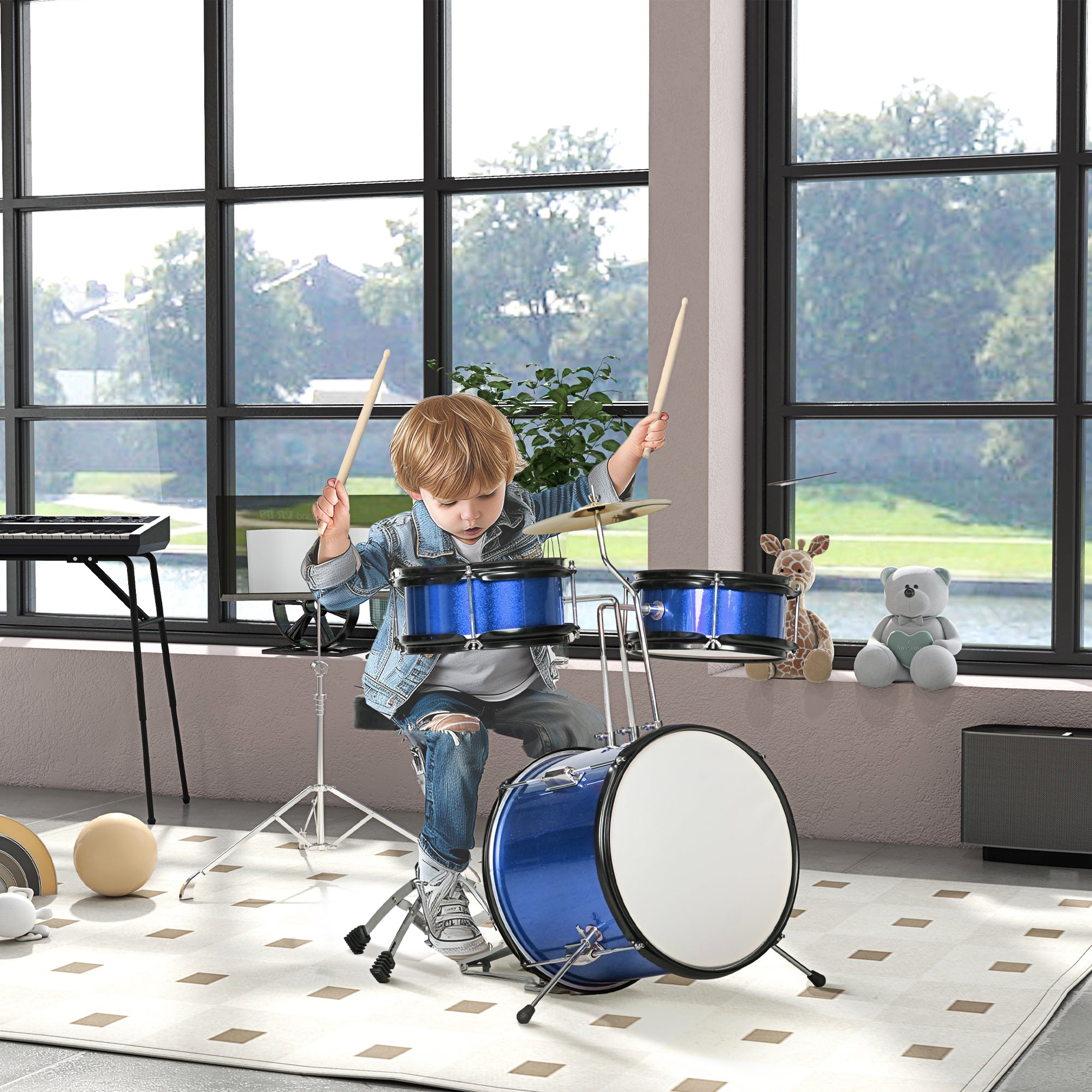 7 Piece Kids Drum Set with Throne, Cymbal, Pedal, Drumsticks, Blue Electronic Musical Pianos Blue  at Gallery Canada