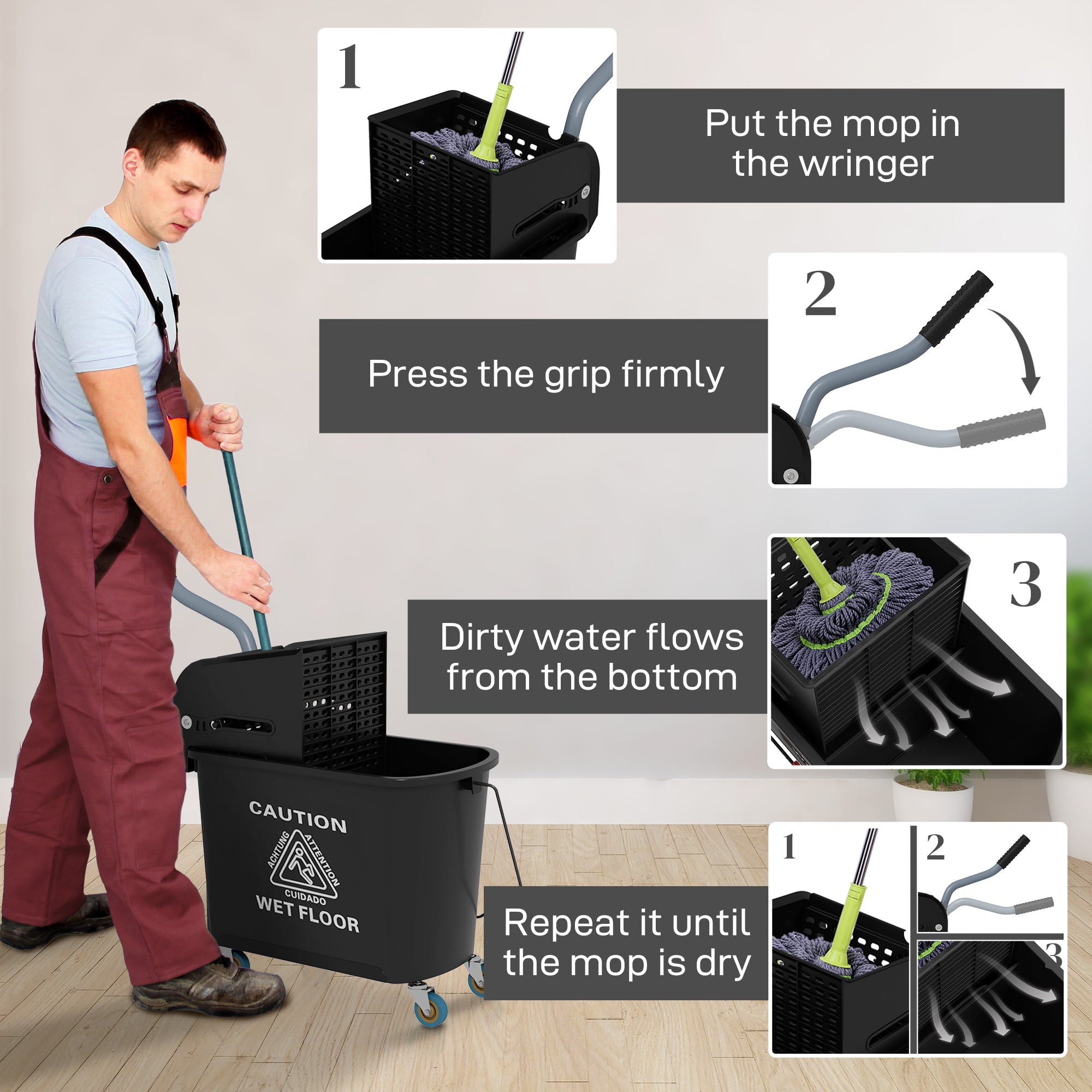 Mop Bucket with Wringer, Mop Bucket on Wheels for Floor Cleaning, 5 Gallon, Separate Dirty and Clean Water, Black Household Supplies at Gallery Canada