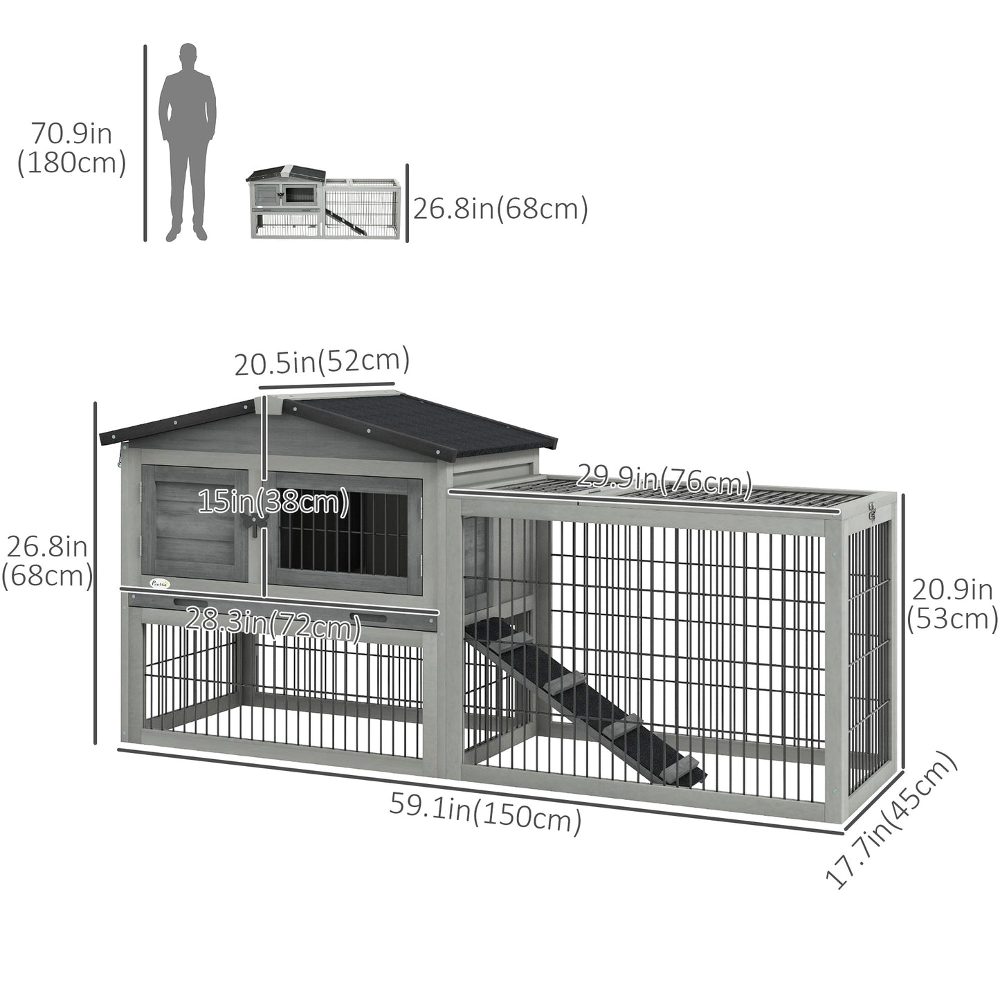 Wood Rabbit Hutch w/ Ramp, Openable Roof, Pull-out Tray, Light Grey Rabbit Hutch Light Grey  at Gallery Canada