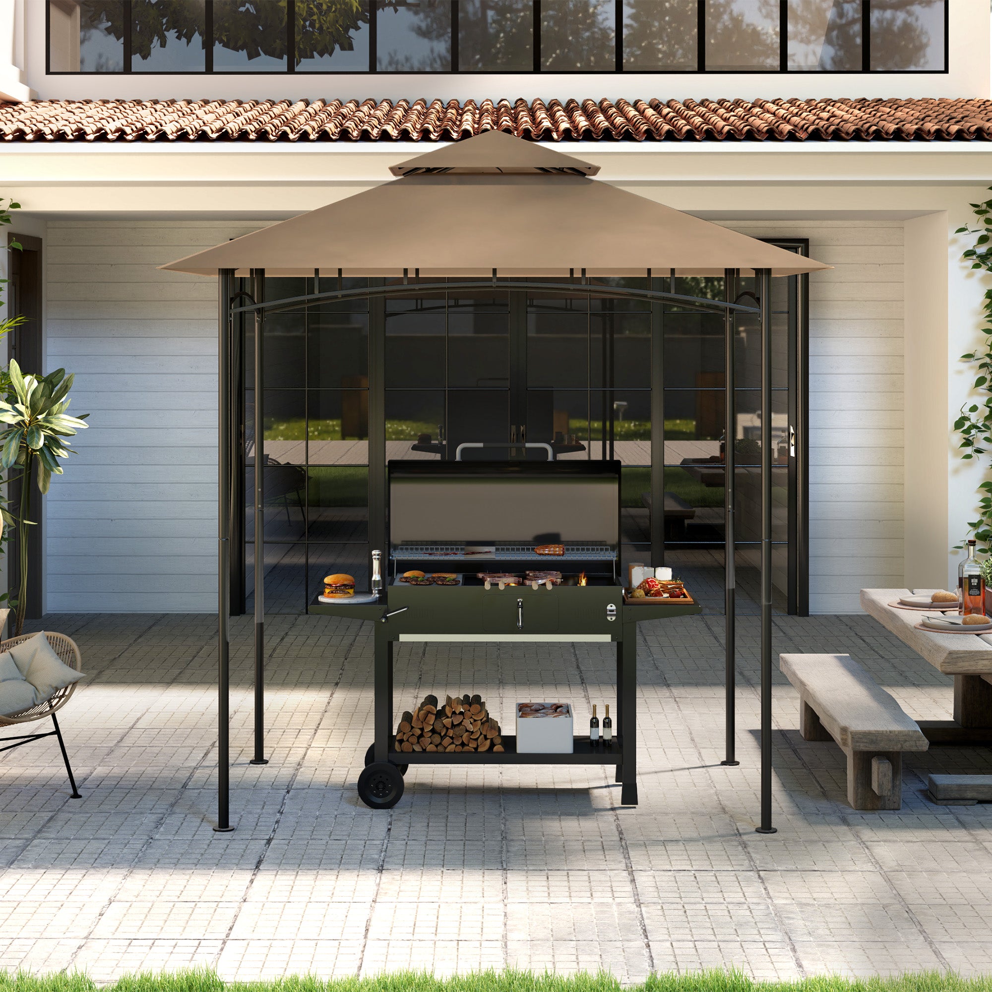BBQ Gazebo Canopy Replacement Roof, 5' x 8' Grill Gazebo Roof with UPF50+ Double Tiered Top Cover, Khaki Gazebo Canopy Replacement at Gallery Canada