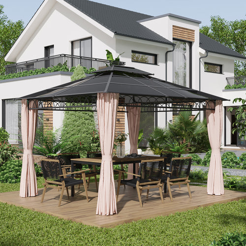 10' x 12' Outdoor Hardtop Gazebo Canopy w/ Double PC Roof, Steel Frame, Nettings, Curtains for Garden Lawn Deck, Khaki