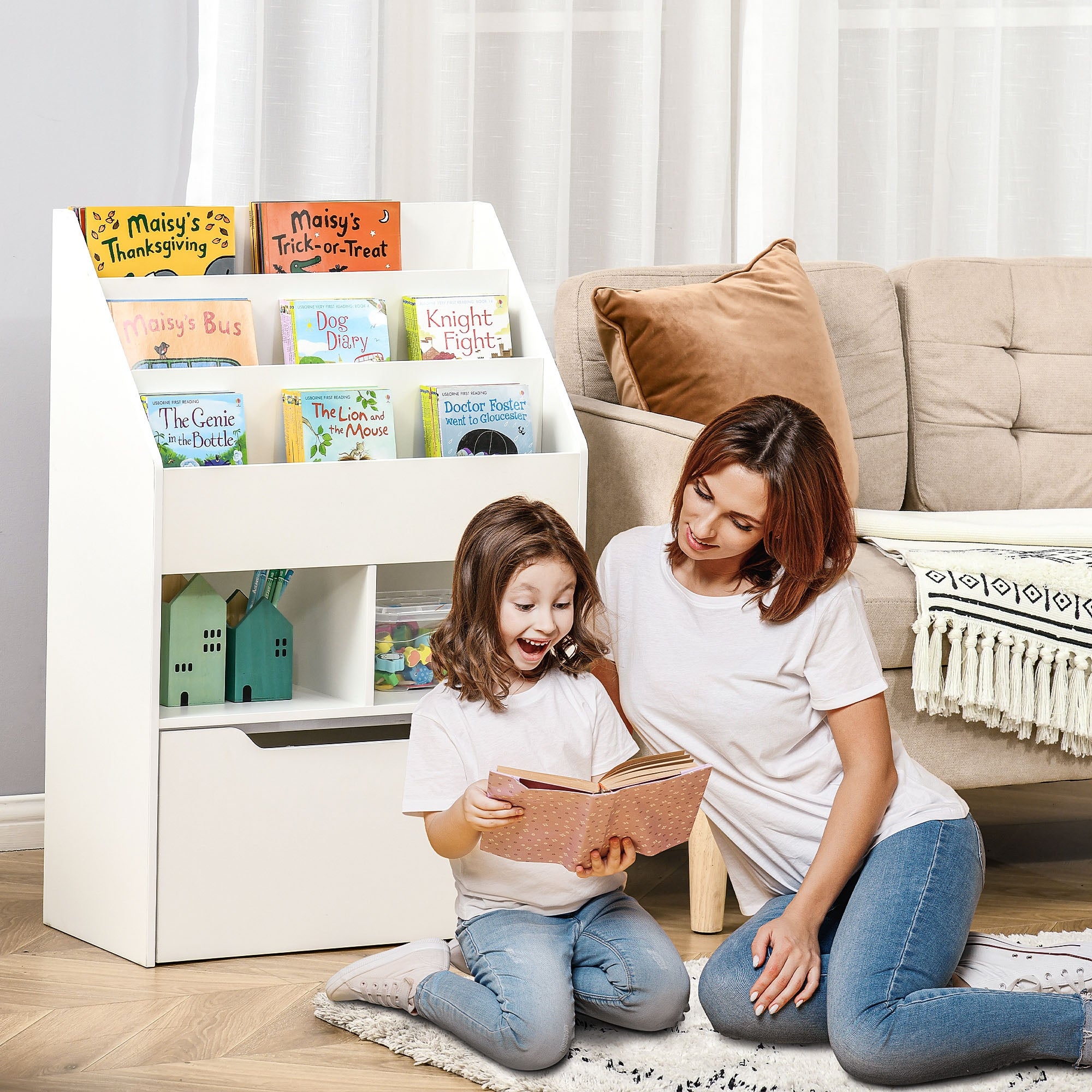 Kids Bookcase Multi-Shelf Rack Organizer with Storage Drawer for Books for Reading Nook, Classroom, Bedroom, Playroom, White Baby & Kids Storage at Gallery Canada
