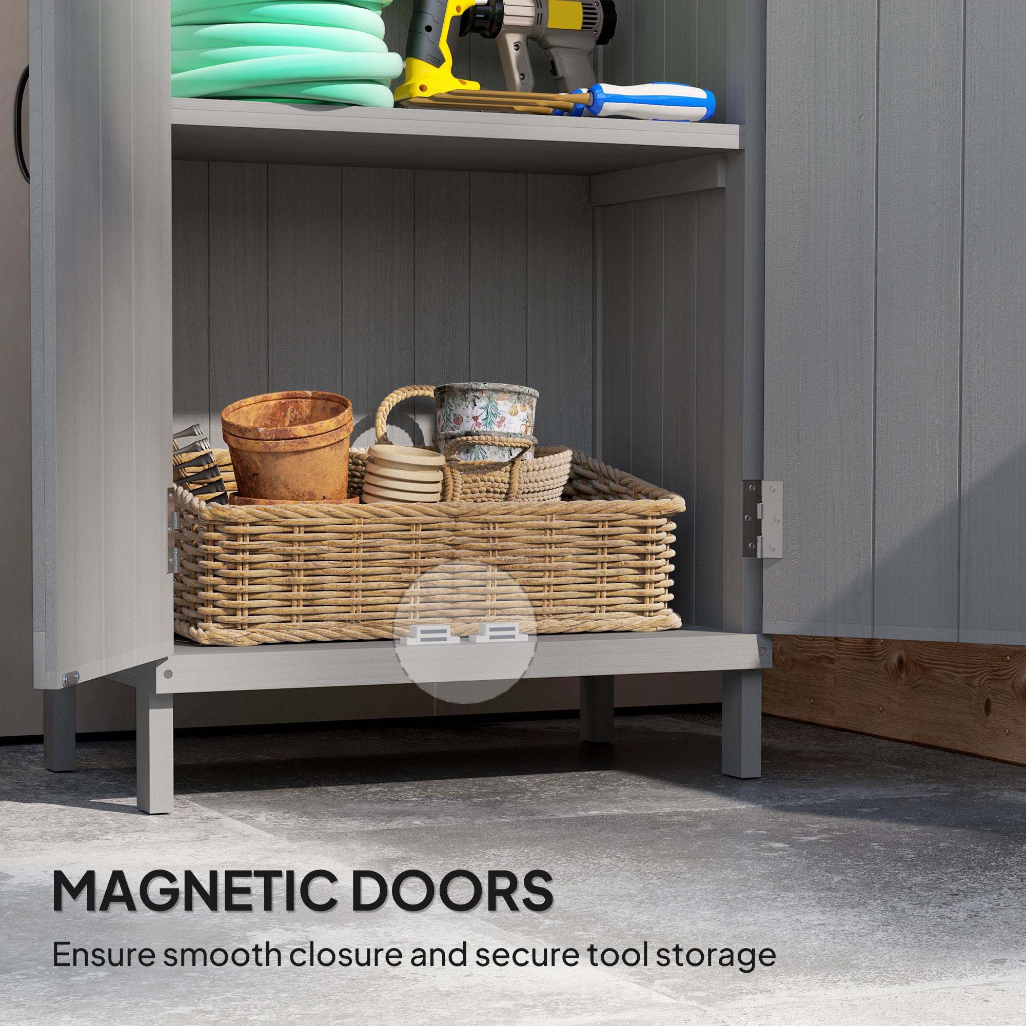 Outdoor Storage Cabinet, Wooden Garden Storage Shed with 2-Tier Shelves, Metal Tabletop and Magnetic Doors, Grey Sheds at Gallery Canada