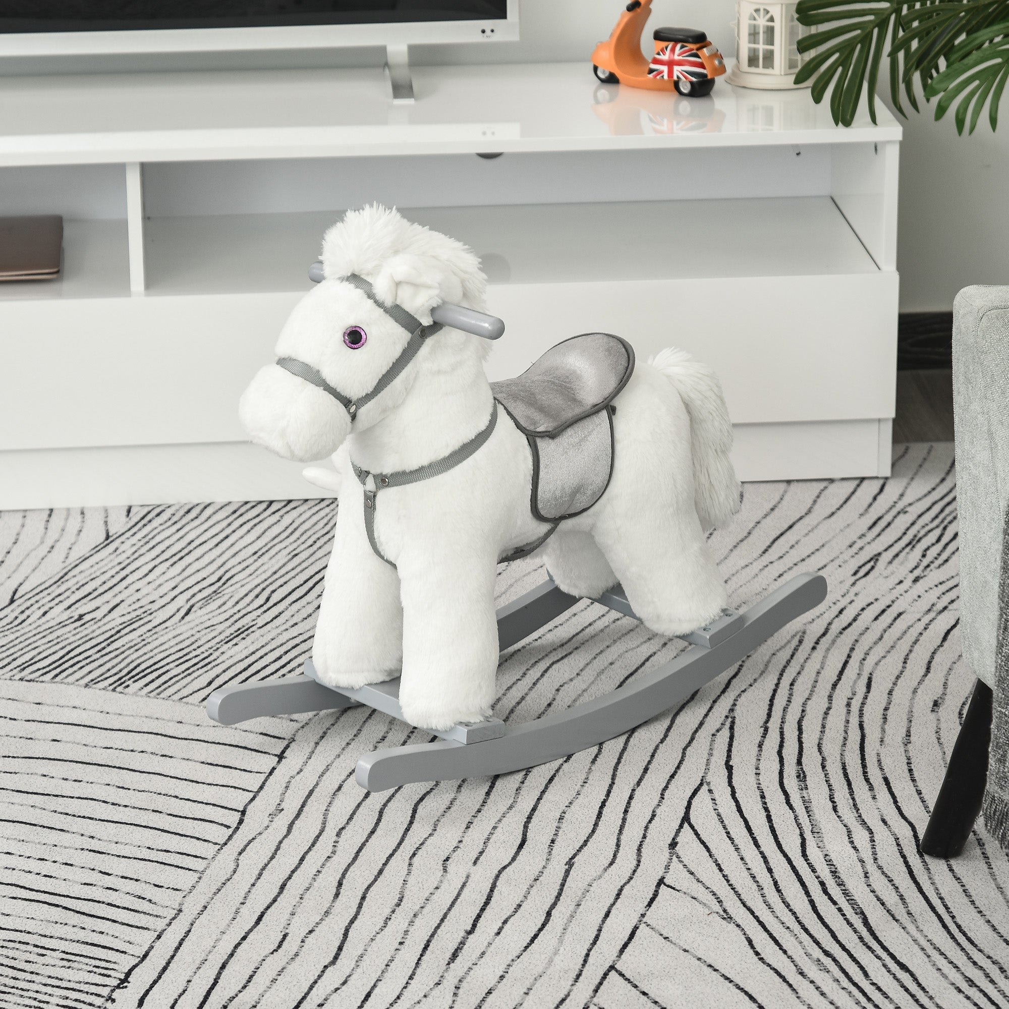 Kids Plush Ride-On Rocking Horse with Bear Toy, Children Chair with Soft Plush Toy &; Fun Realistic Sounds, White Rocking Horses at Gallery Canada
