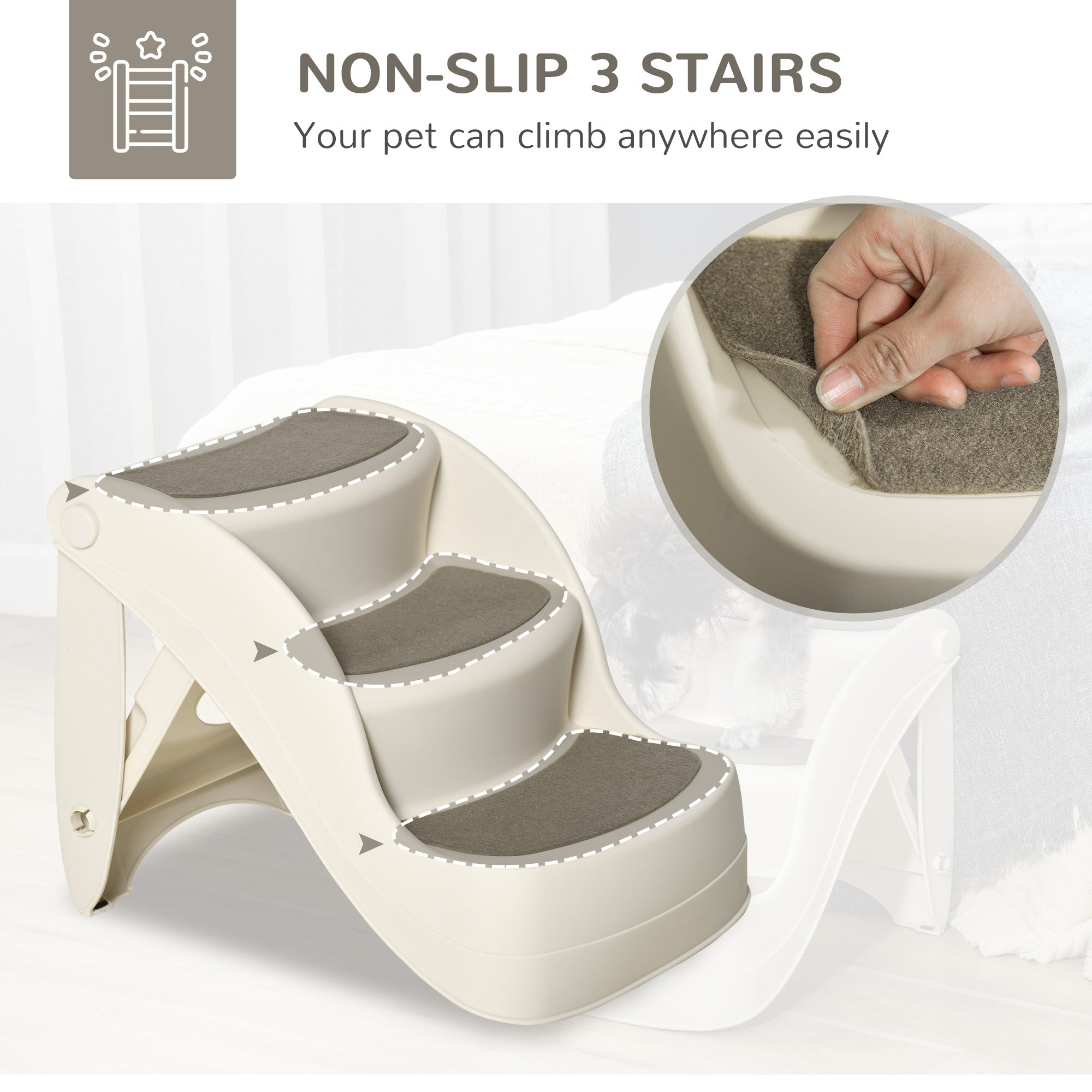 Portable Pet Stairs Foldable Steps for Small Dogs and Cats 3-Step with Non-slip Treads for Beds Sofas, Cream Dog Stairs at Gallery Canada