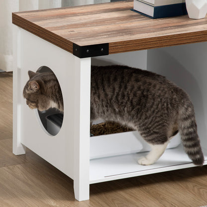 Cat Litter Box Enclosure with Sliding Door, Cat Washroom Storage Bench with Cat Hole, Indoor Cat House End Table with Sturdy Wooden Structure, White Cat Litter Box Enclosures   at Gallery Canada