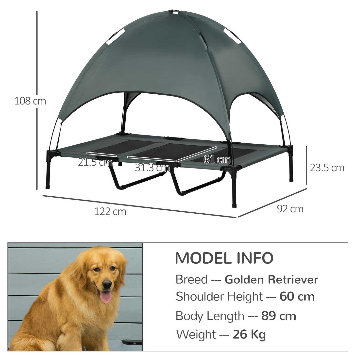 Elevated Dog Bed with Canopy, Portable Raised Dog Cot for XL Sized Dogs, Indoor &; Outdoor, 48" x 36" x 43", Grey Elevated Dog Beds Black and Grey  at Gallery Canada