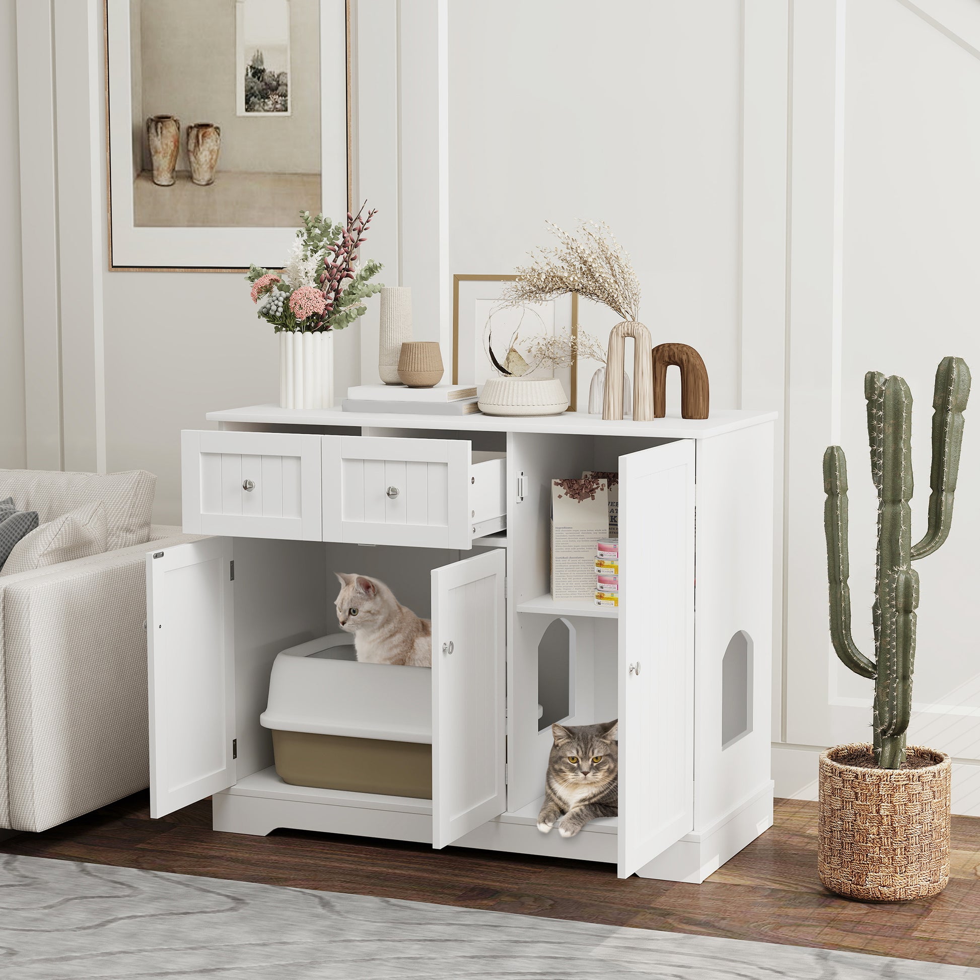 Cat Litter Box Enclosure with Drawer, Storage, Anti-tip Kit, for Living Room, Bedroom, White Cat Litter Box Enclosures White at Gallery Canada