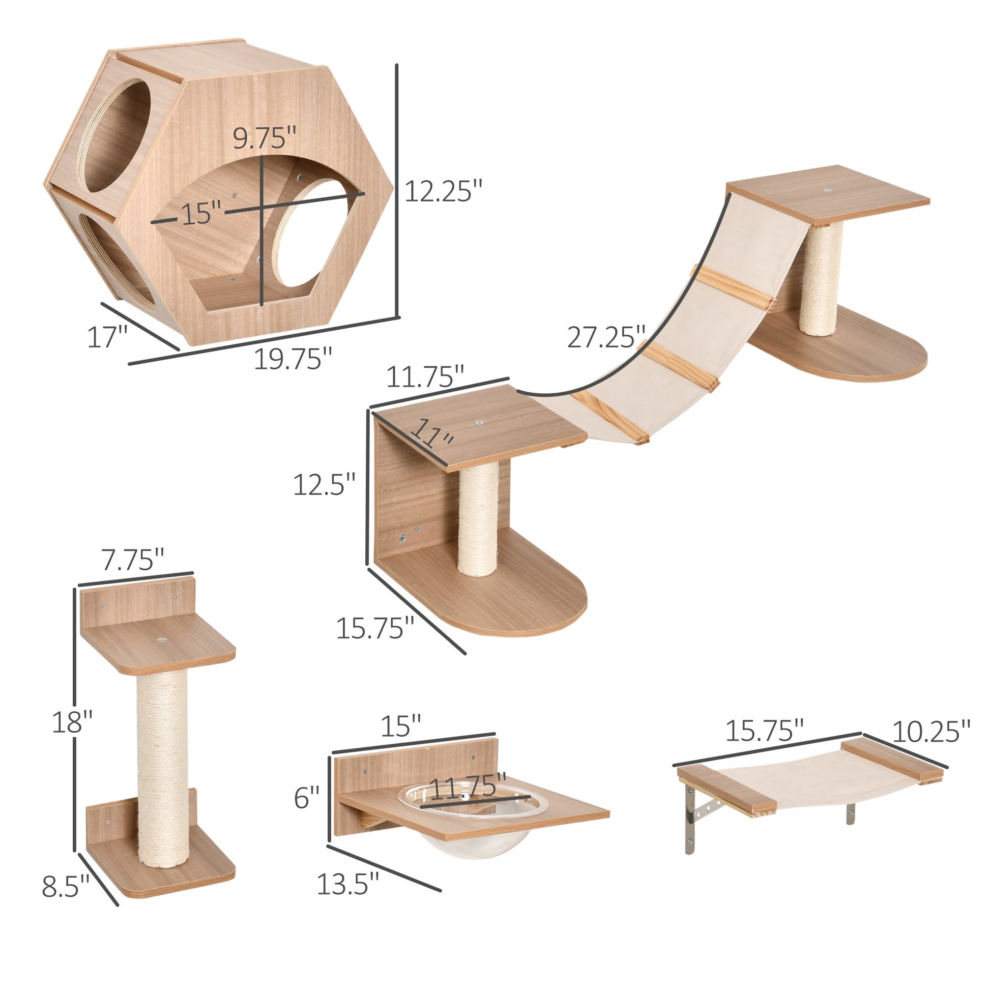 Wall-Mounted Cat Tree Set with Hammock, Scratching Post, Condo - Light Brown Cat Climbing Wall   at Gallery Canada