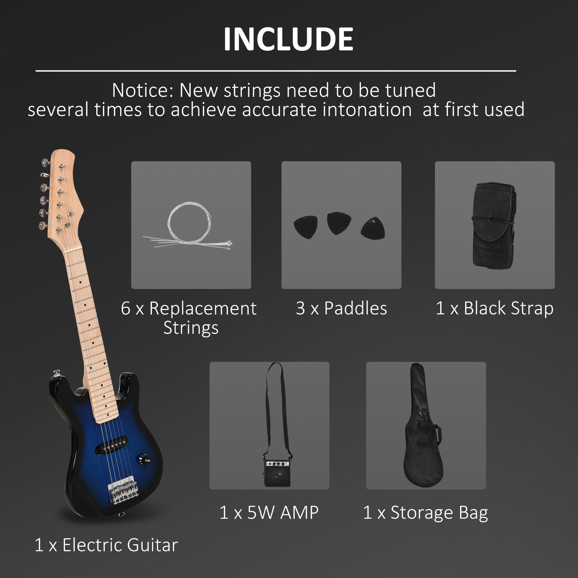 30 Inch Kids Electric Guitar 3/4 Size Beginner Starter Kit w/ 5W Amplifier, Strap, Strings, Picks, Carrying Case Blue/Black Electronic Musical Pianos   at Gallery Canada