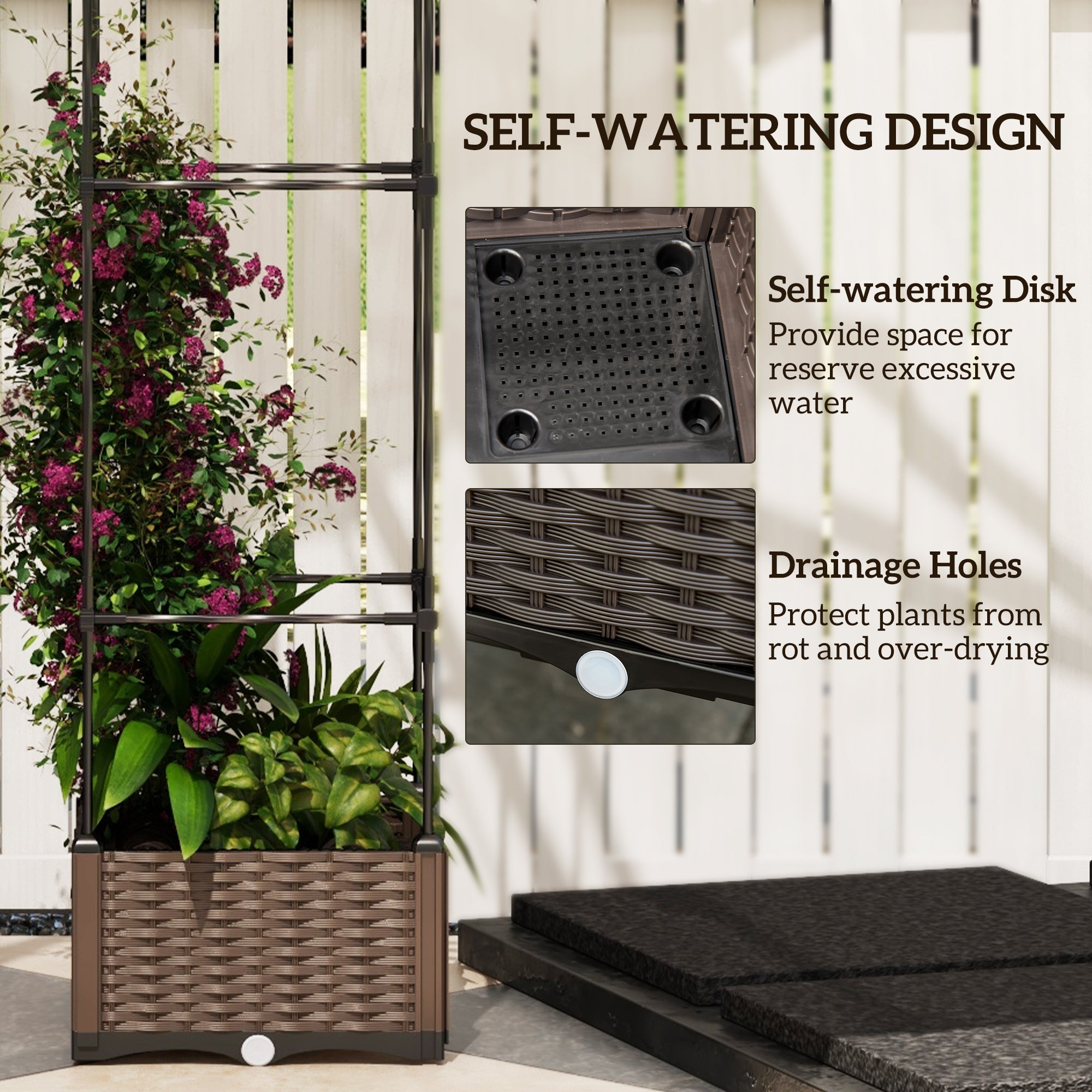 Raised Garden Bed with Trellis, Plastic Planter Box with Self-Watering Disk, Drainage Holes for Climbing Plants Elevated Garden Beds at Gallery Canada