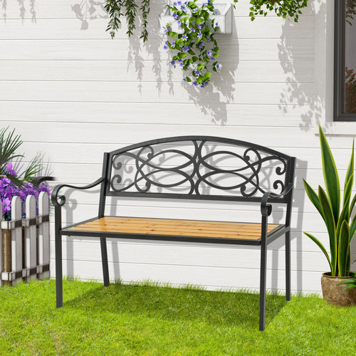 2-Person Garden Bench with Floral Rose Accent, Steel & Wood Frame, Natural