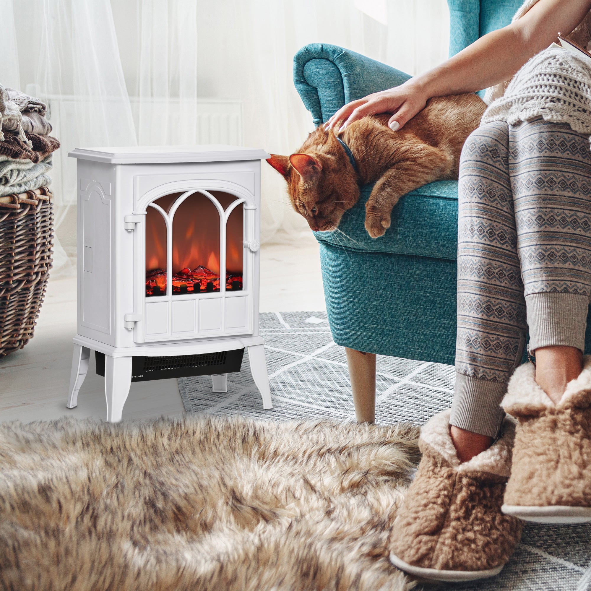 Electric Fireplace Stove, Freestanding Fireplace Heater with Realistic Flame, Adjustable brightness, Overheating Safety System, White Electric Fireplaces at Gallery Canada