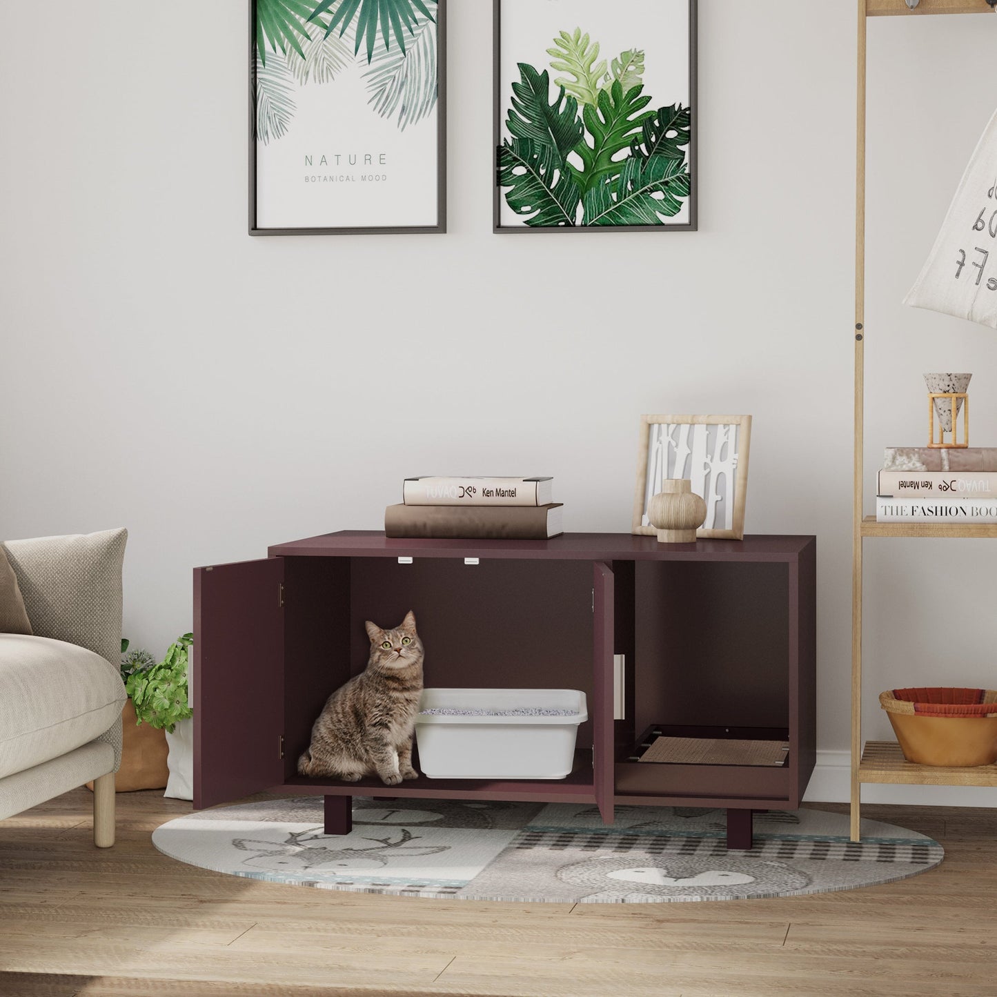 Wooden Cat Washroom Pet Litter Box Enclosure Kitten House Nightstand End Table with Scratcher Magnetic Doors Brown Cat Litter Box Enclosures   at Gallery Canada