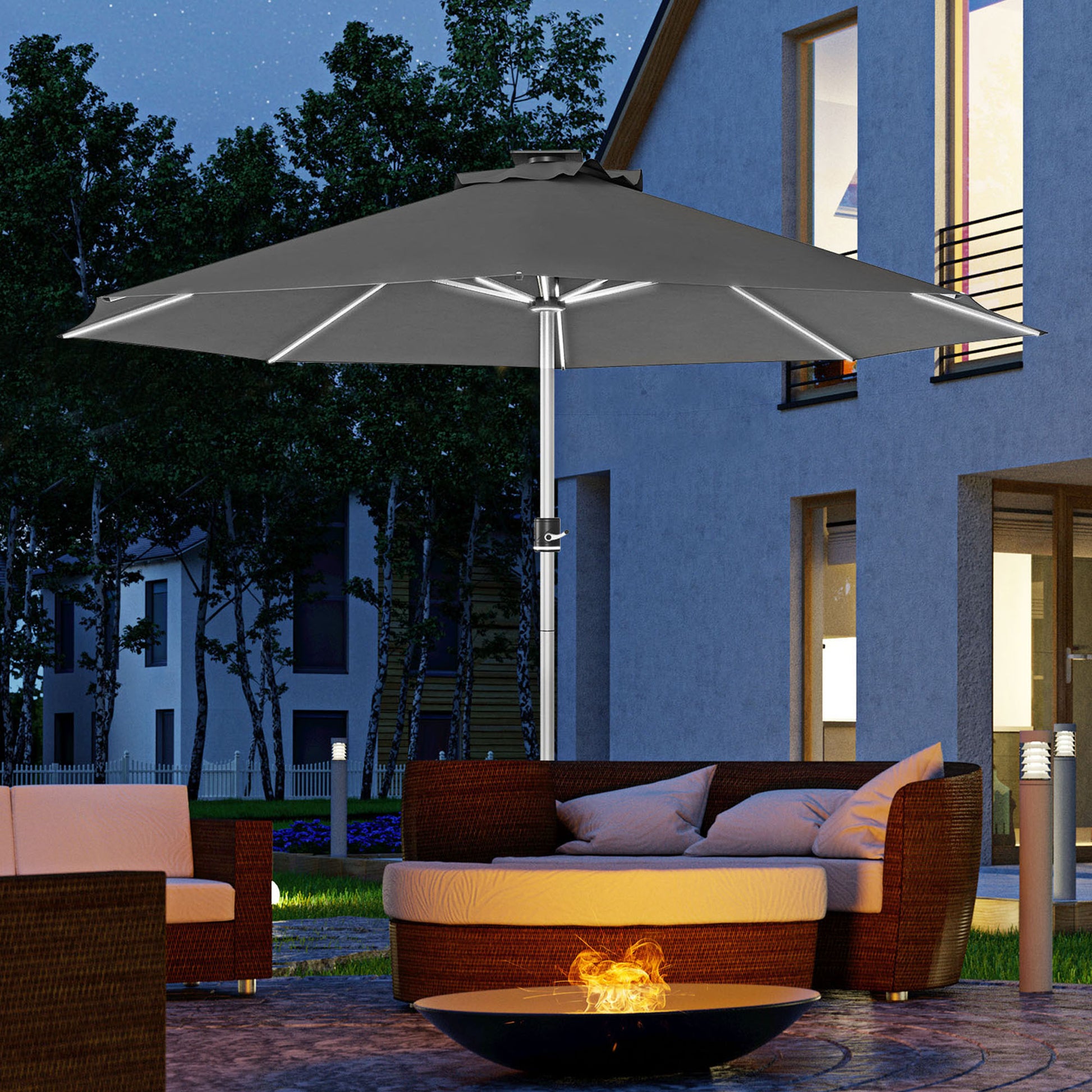 LED Patio Umbrella, Lighted Deck Umbrella with 4 Lighting Modes, Solar &; USB Charging, Charcoal Grey Sun Umbrellas Charcaol Grey  at Gallery Canada