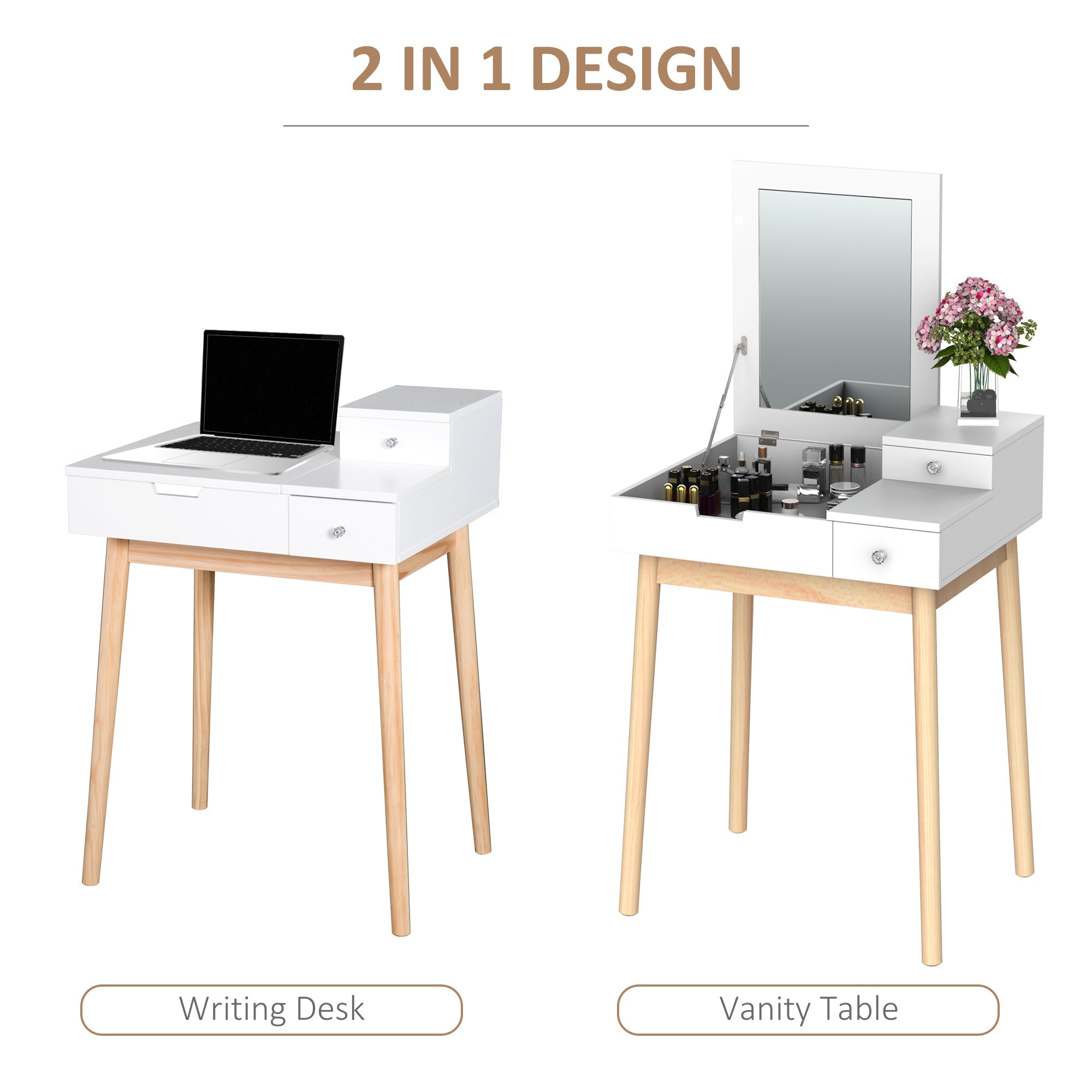 Vanity Desk with Mirror, Modern Dressing Table with Mirror, Make Up Desk with Flip-up Top, 2 Drawers, White Dressing & Vanity Tables   at Gallery Canada