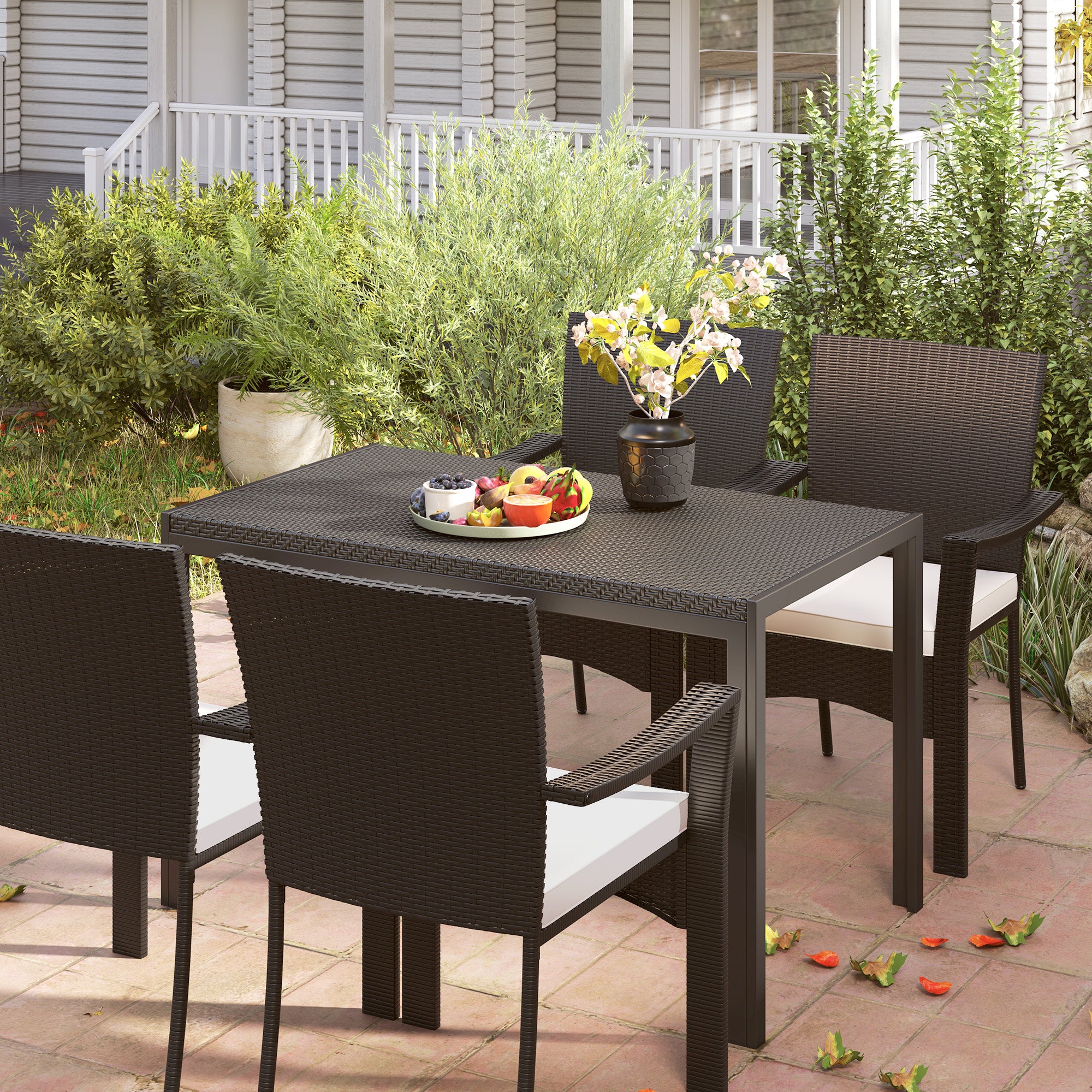 Rectangular Outdoor Dining Table, 4-Seat Patio Table with PE Rattan Wicker Tabletop for Backyard and Lawn, Black Patio Dinning Tables at Gallery Canada