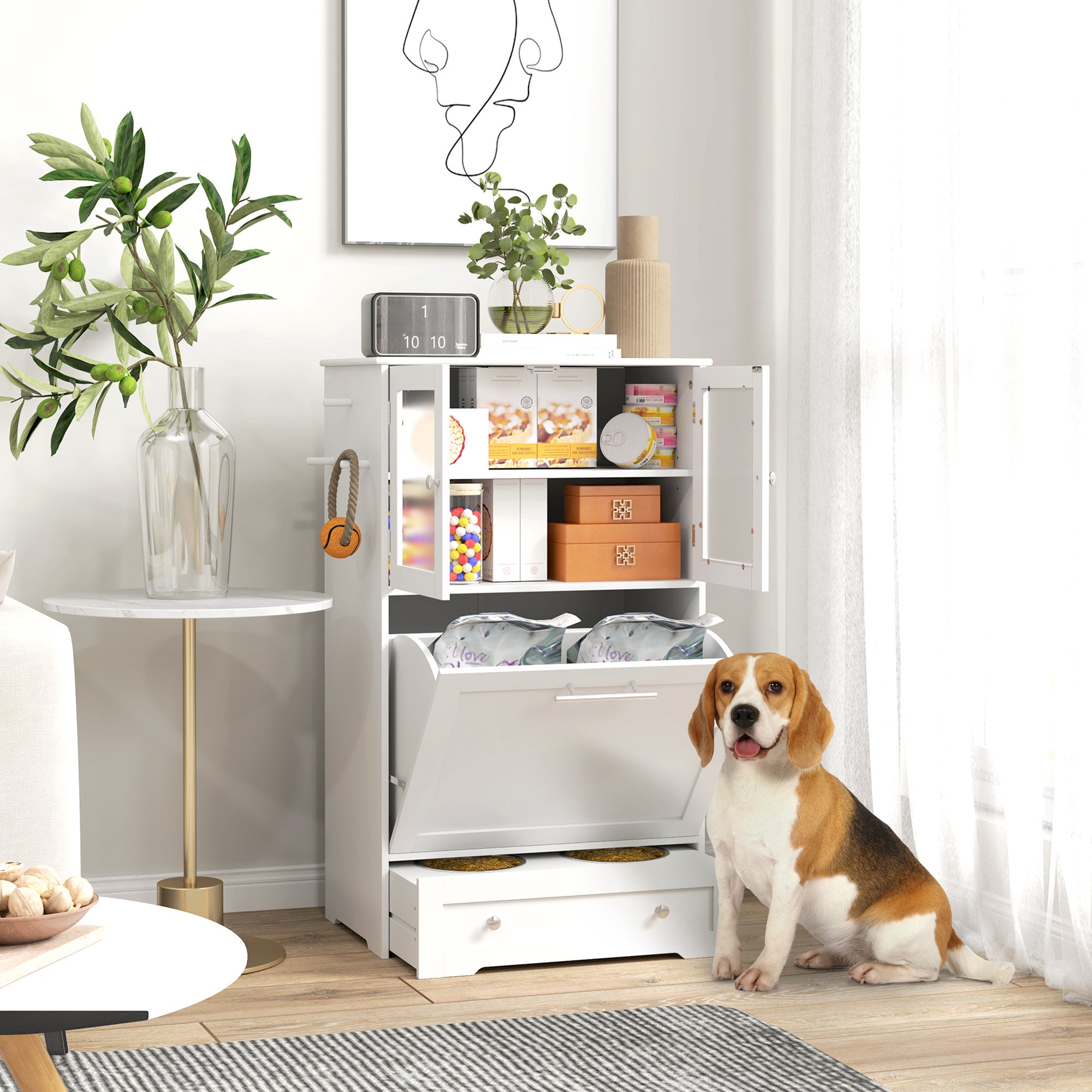 Dog Feeding Station with 2 Storage Cabinets, 2 Elevated Bowls, Side Hooks, Anti-tip Kit for Water and Feeding Supplies Dog Bowls at Gallery Canada
