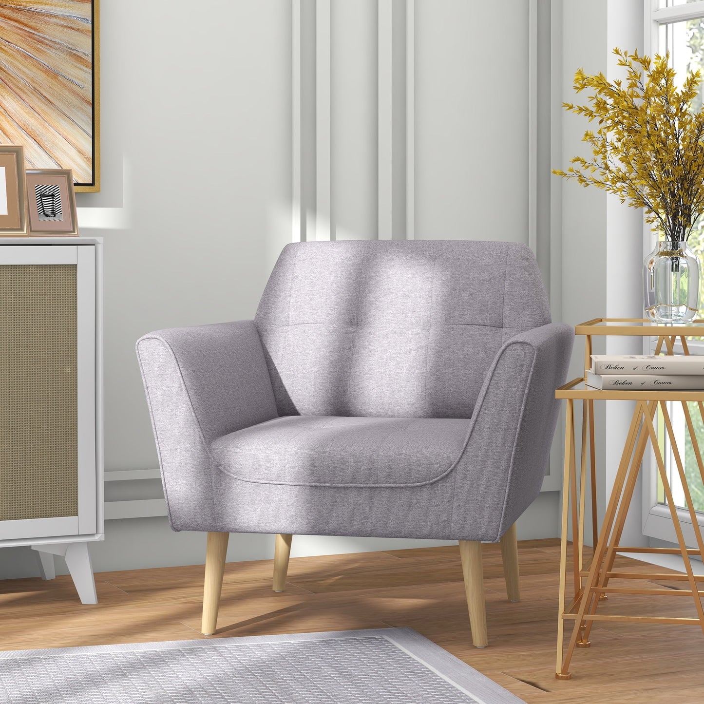 Upholstered Armchair, Modern Accent Chair with Tufted Pattern, Rubber Wood Legs for Living Room, Bedroom, Grey Accent Chairs   at Gallery Canada