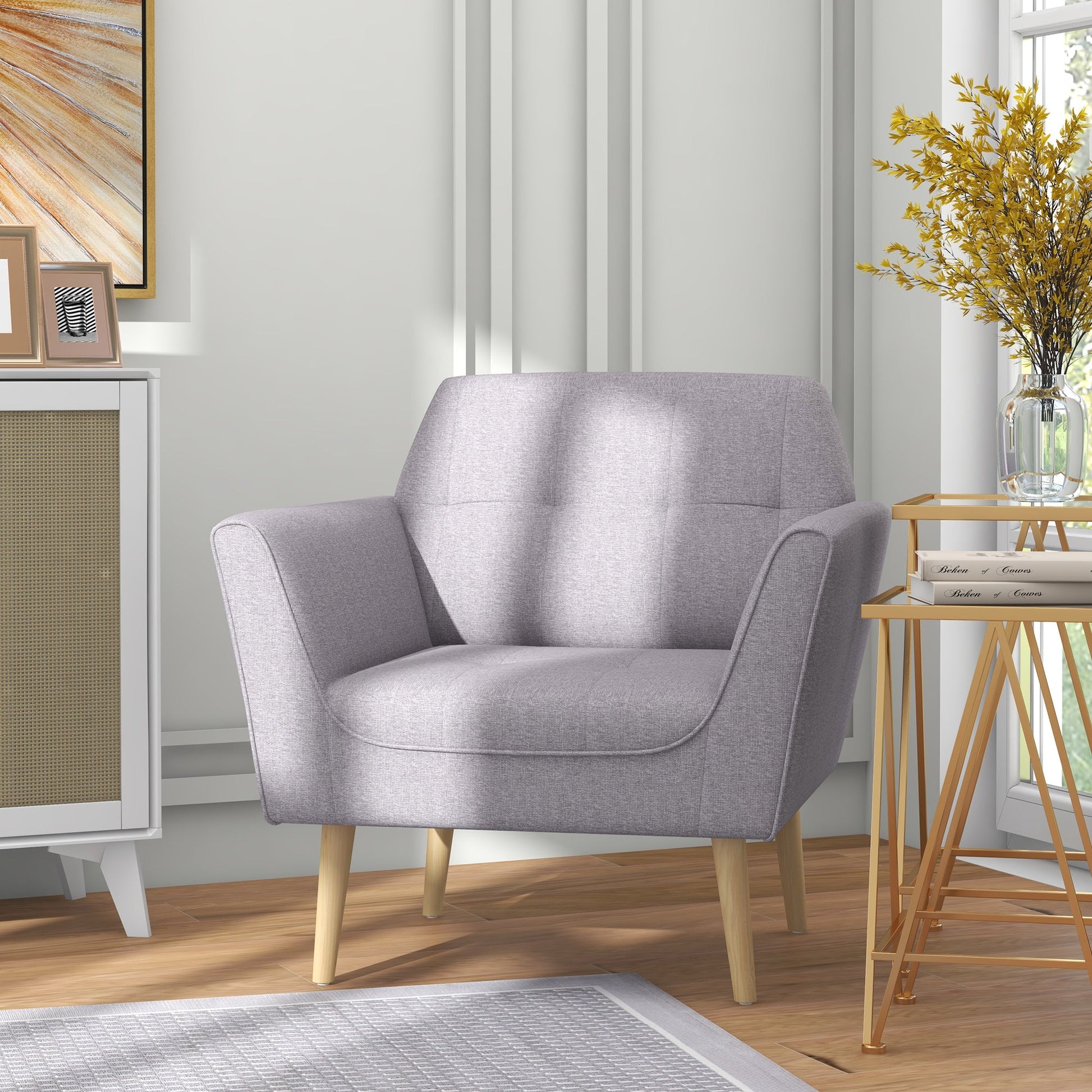 Upholstered Armchair, Modern Accent Chair with Tufted Pattern, Rubber Wood Legs for Living Room, Bedroom, Grey Accent Chairs   at Gallery Canada