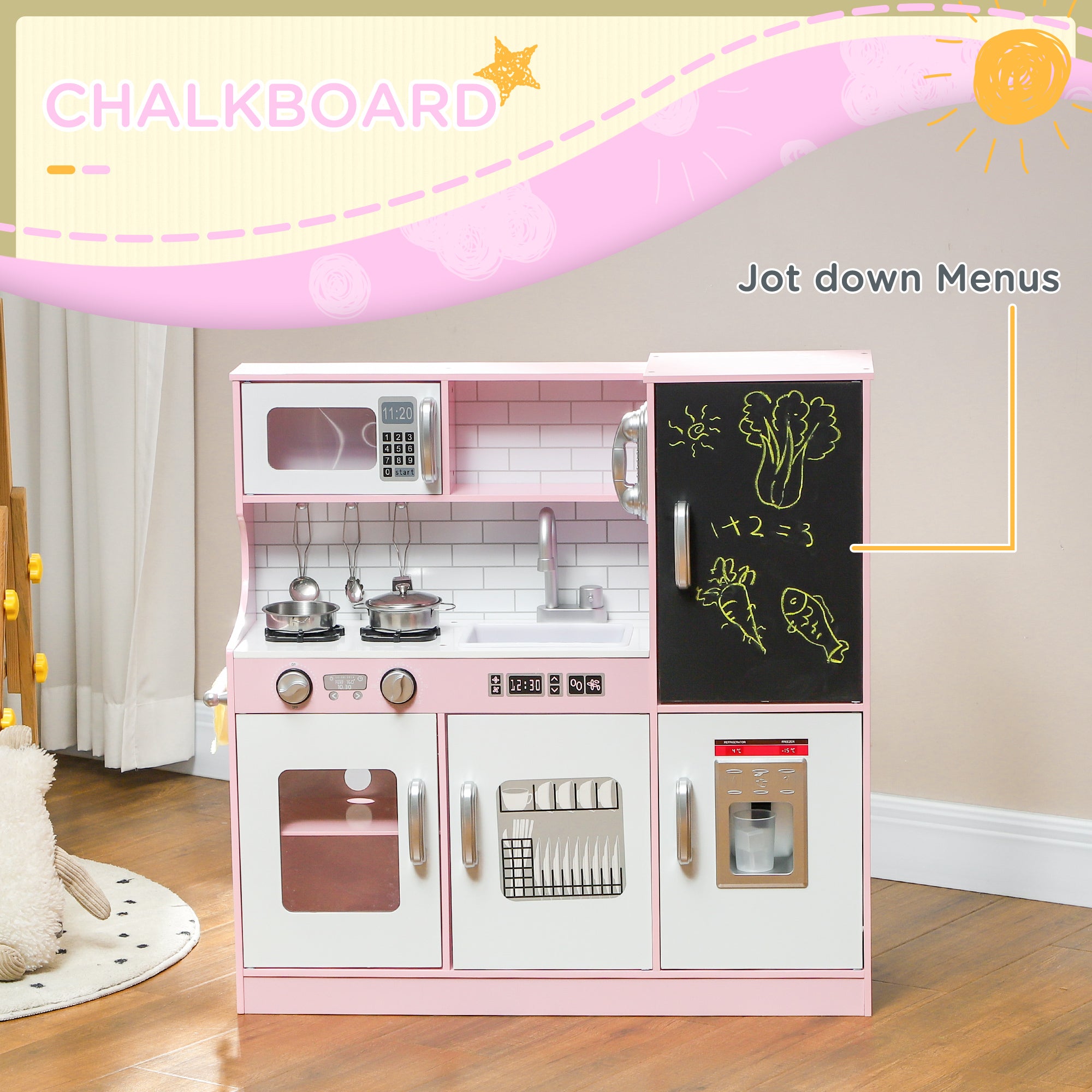 Play Kitchen for Kids, Kids Kitchen Playset w/ Chalkboard, Ice Maker, Play Phone, Sink, Microwave Play Kitchen   at Gallery Canada