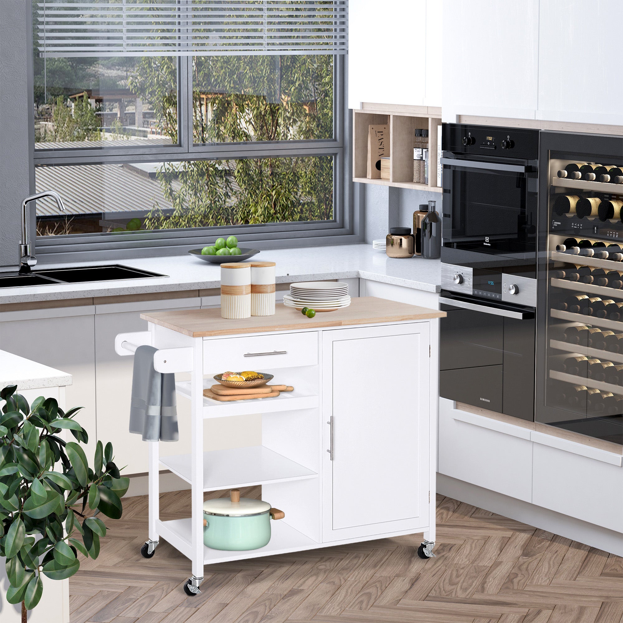 4-Tier Rolling Kitchen Island Utility Trolley Serving Cart Kitchen Storage Cart w/ Towel Rack, Butcher Block Countertop, Cabinet, Drawer, Shelves, White Kitchen Islands & Kitchen Carts at Gallery Canada