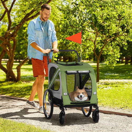 Dog Bike Trailer, 2-in-1 Dog Wagon Pet Stroller for Travel with Universal Wheel Reflectors Flag, for Small and Medium Dogs, Green