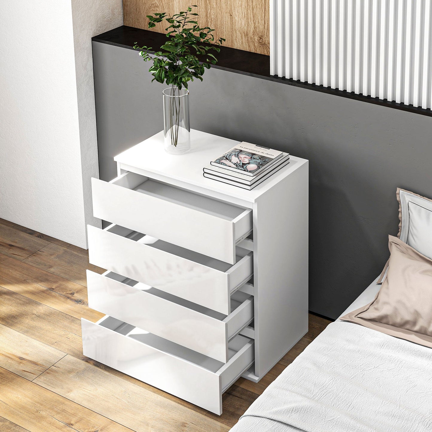 4 Drawer Cabinet, High Gloss Drawer Chest for Bedroom, Chest of Drawers with Metal Runners and Groove Handles, White Storage Cabinets   at Gallery Canada