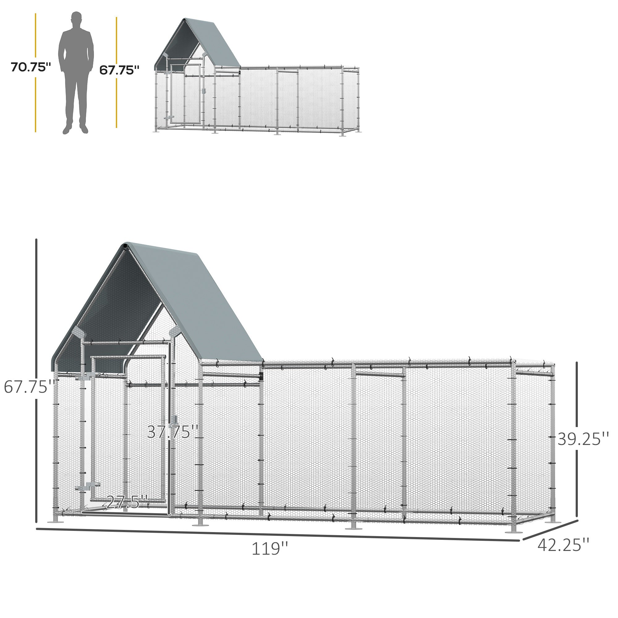 Large Galvanized Chicken Coop, Walk-In Poultry Cage with Cover, 119