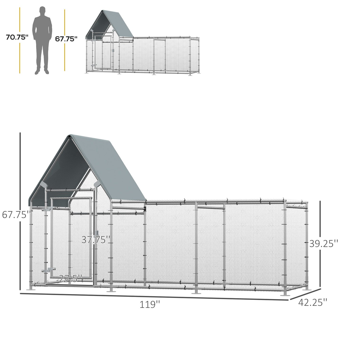 Large Galvanized Chicken Coop, Walk-In Poultry Cage with Cover, 119"x42"x68", Silver Chicken Coops   at Gallery Canada