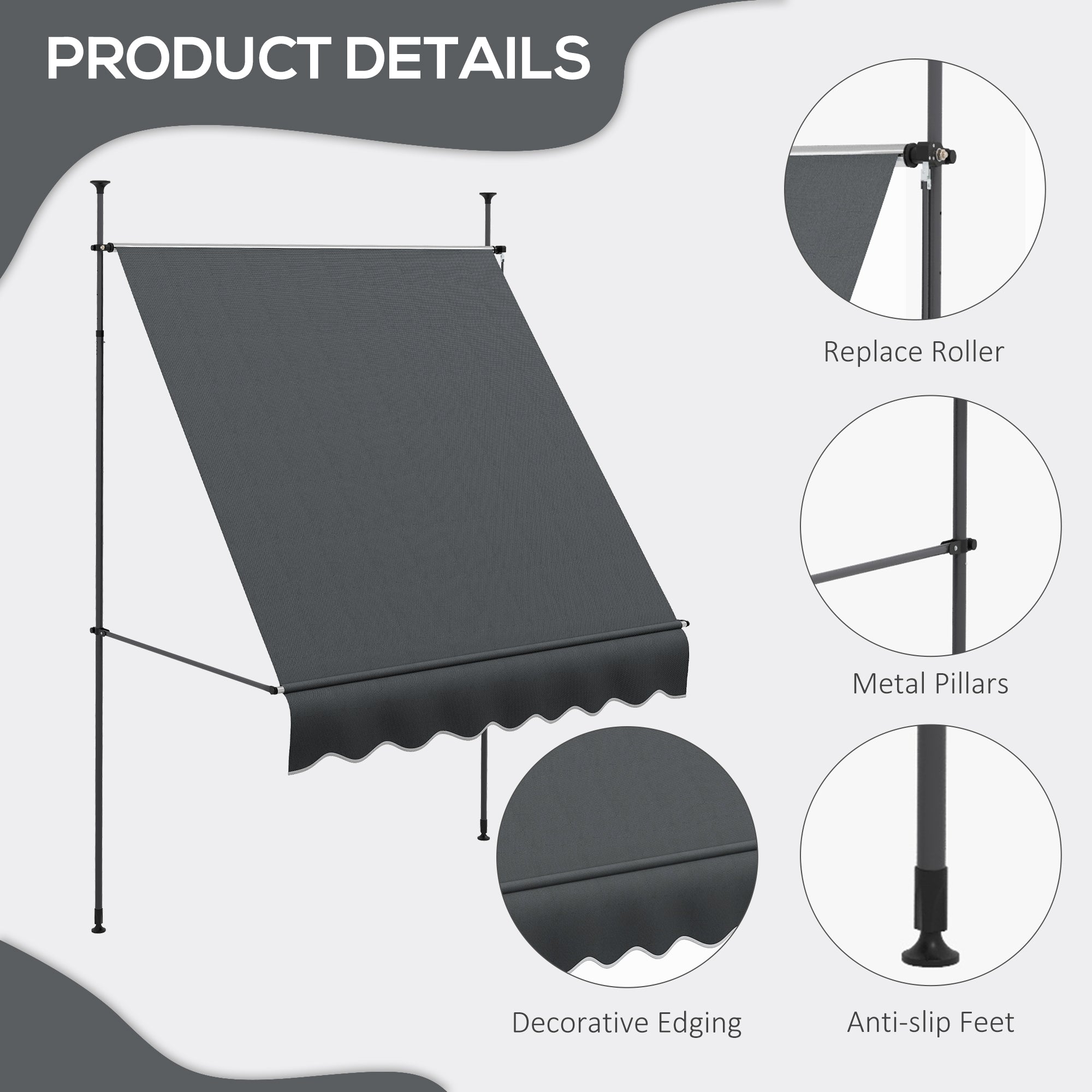 6.5' x 4' Manual Retractable Awning, Non-Screw Freestanding Patio Awning, UV Resistant, for Window or Door, Dark Grey Patio Awnings at Gallery Canada