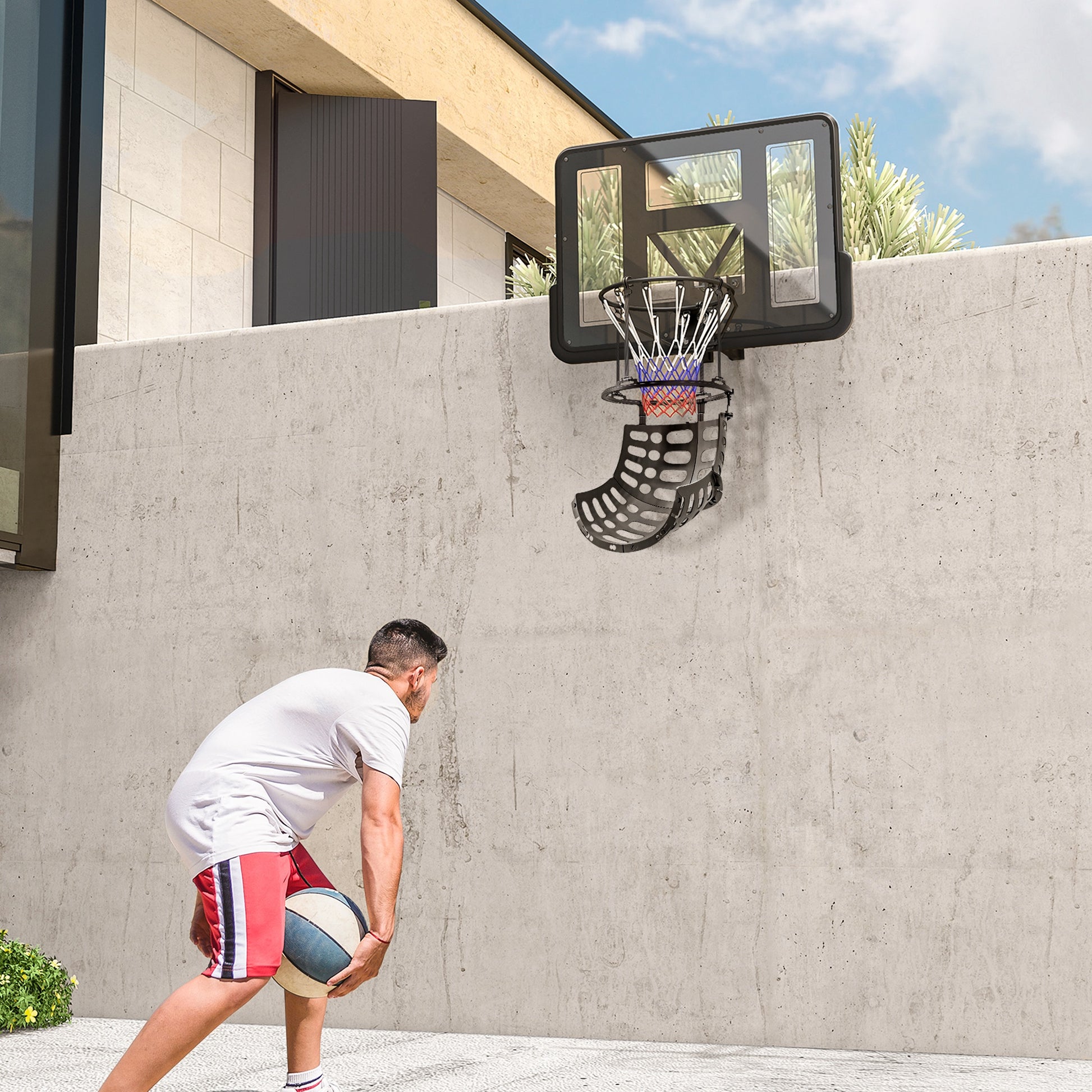 Basketball Hoop Ball Returner, Height Adjustable Basketball Rebounder with 360° Rotatable Return Chute, Black Basketball Black  at Gallery Canada